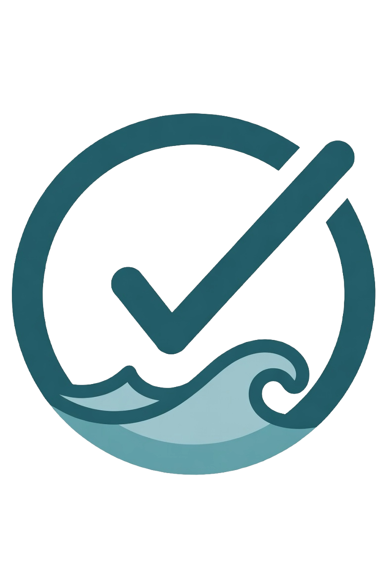 A circular logo featuring a check mark inside a cloud, with waves at the bottom, representing cloud computing or online verification.