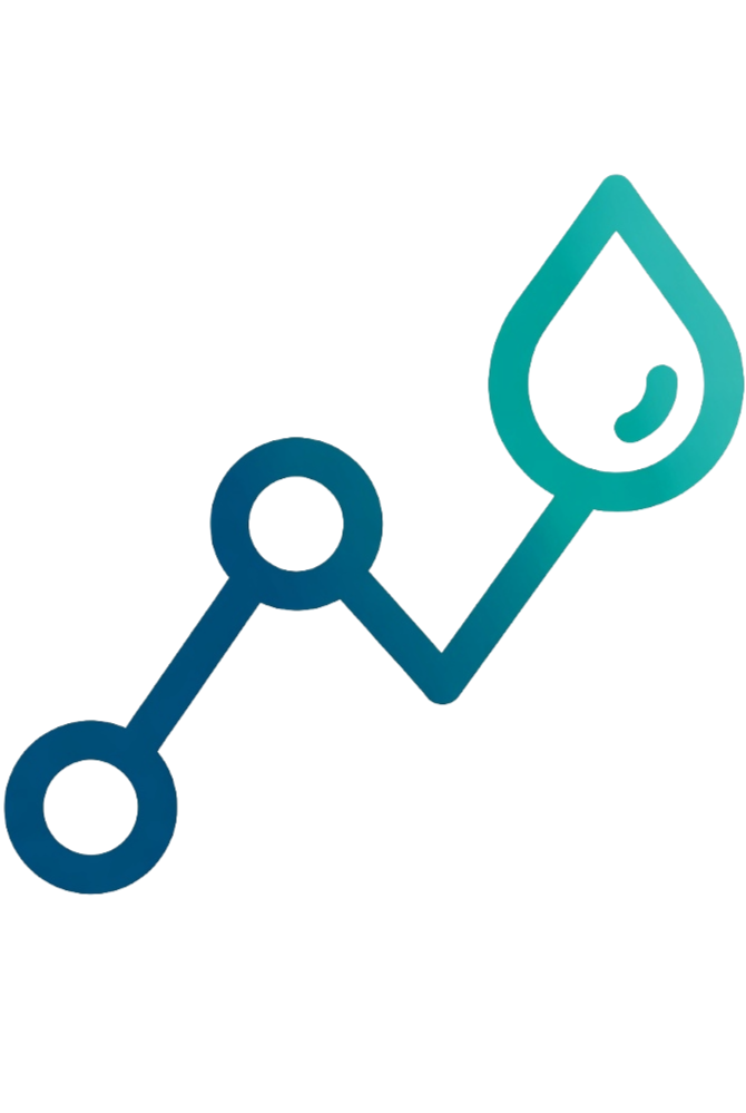 A stylized blue line graph with circular nodes and a droplet shape at the peak, symbolizing water or liquid.