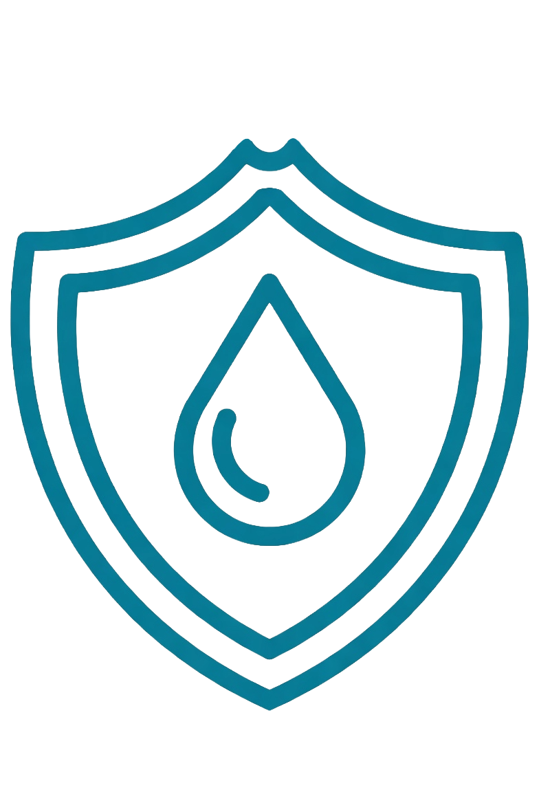 A shield with a water droplet icon in the center, symbolizing water safety or protection.