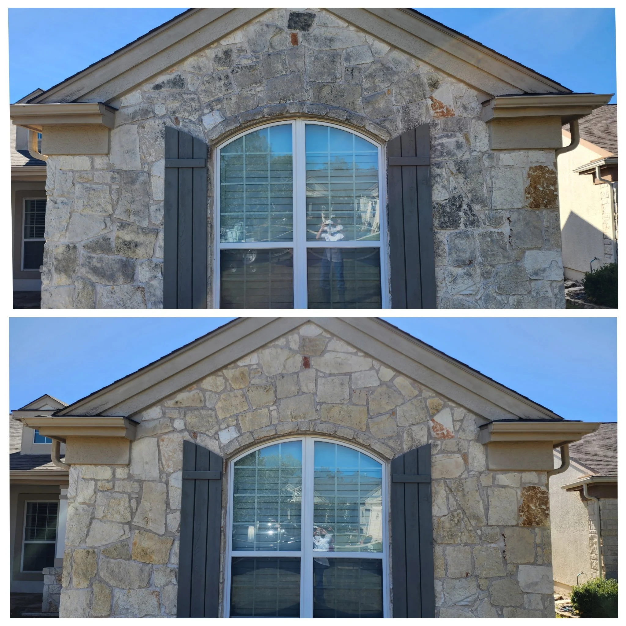 Side-by-side comparison of a house window with stone facade; the top image shows weathered stone and paint peeling off the window frame, while the bottom image shows cleaned and restored stonework and fresh paint on the window frame.