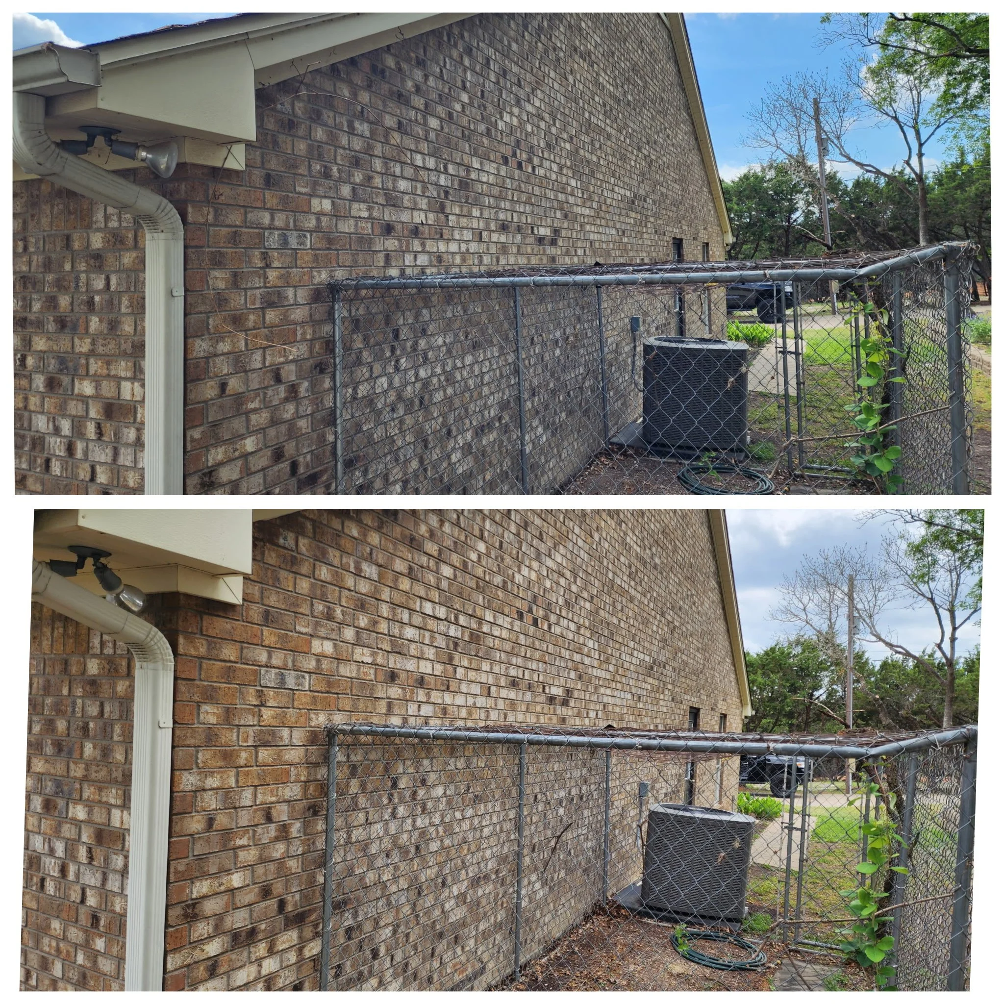 Side view of a brick house with a chain-link fence and a plant growing on it. There is an air conditioning unit outside the house. The scene is shown in two images with slight differences in lighting and color.
