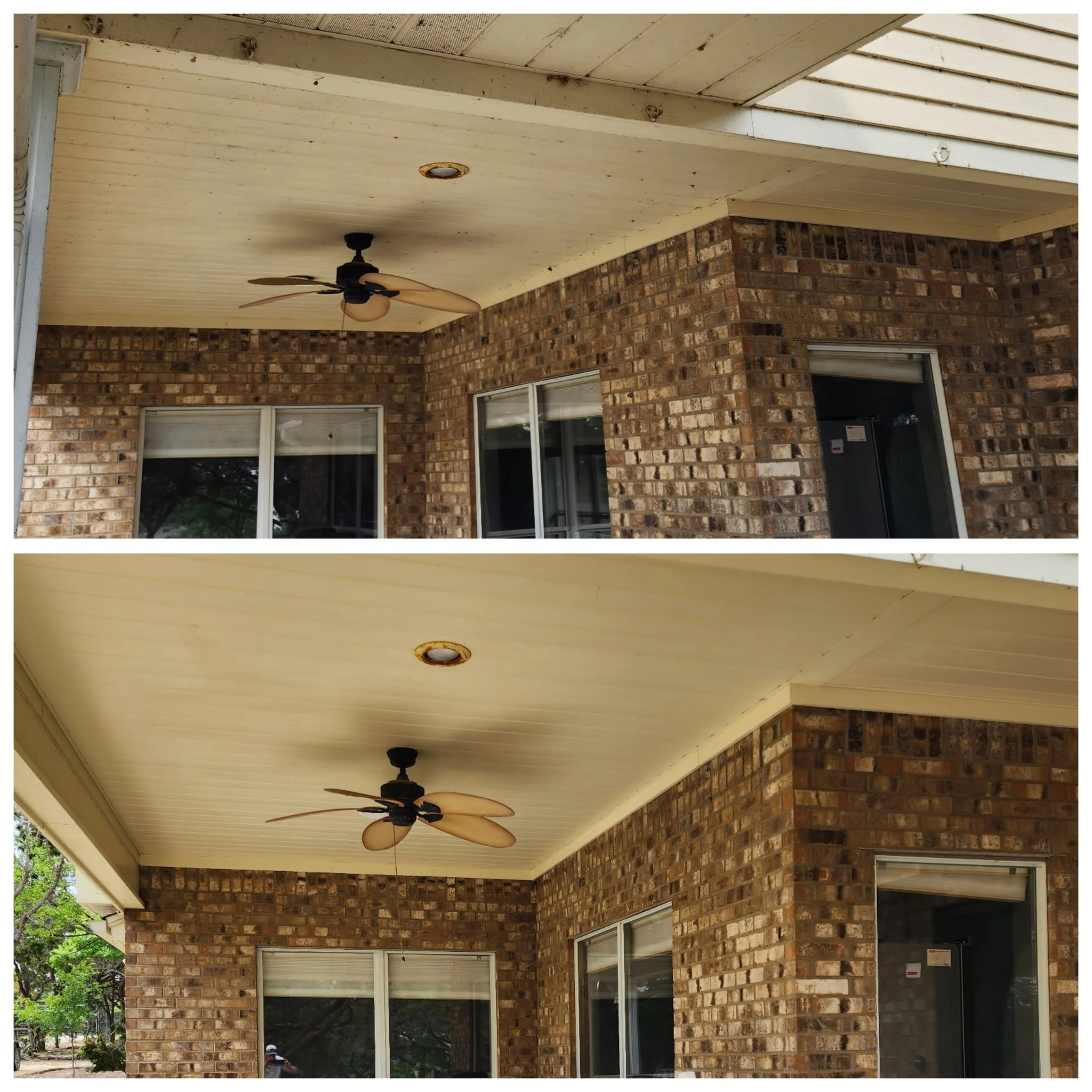 Comparison of a ceiling with a fan and light fixture before and after cleaning, showing the ceiling in a brick house porch, with the cleaned version appearing brighter and cleaner.