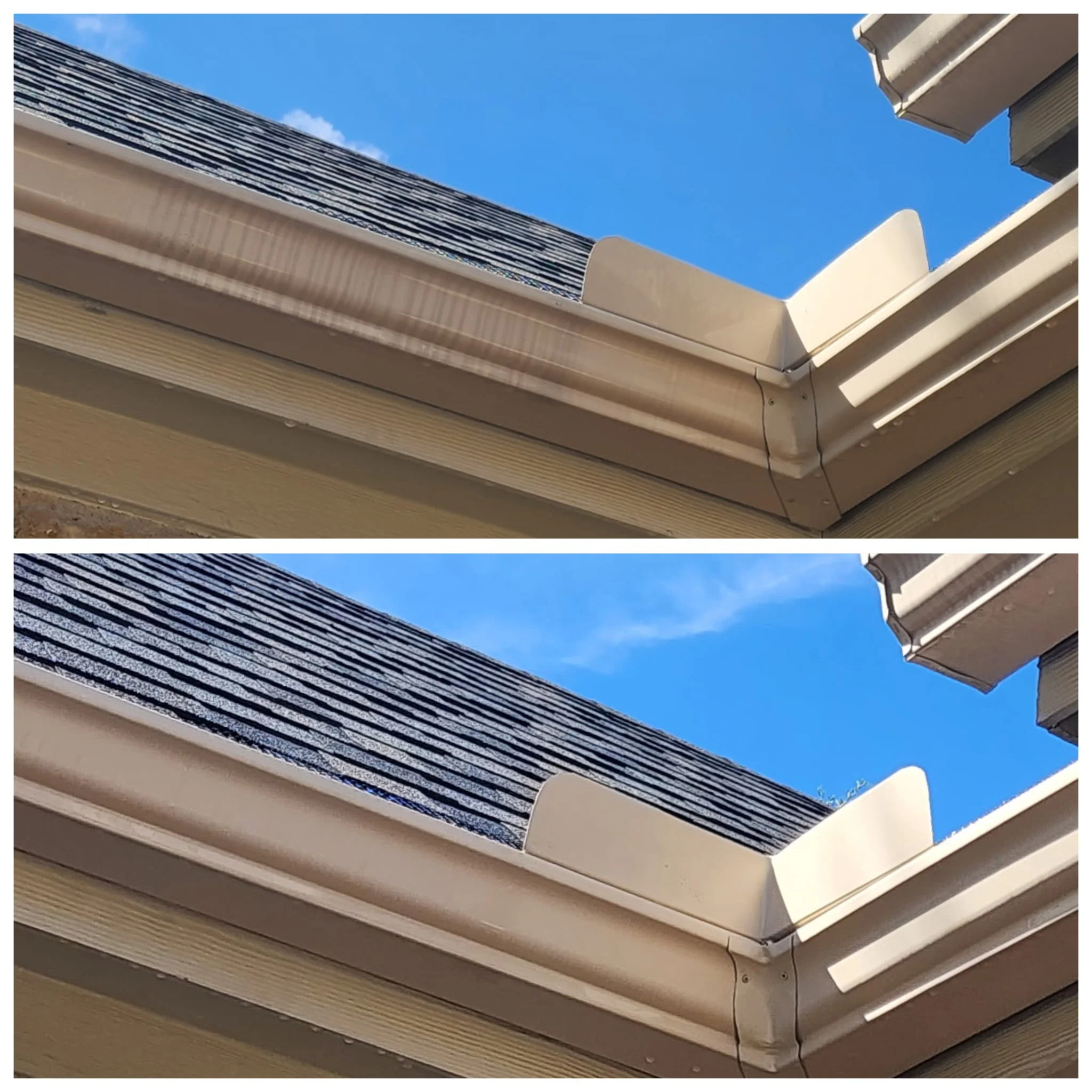 Comparison of a house's gutter and roof shingles before and after cleaning, showing the removal of dirt and debris.