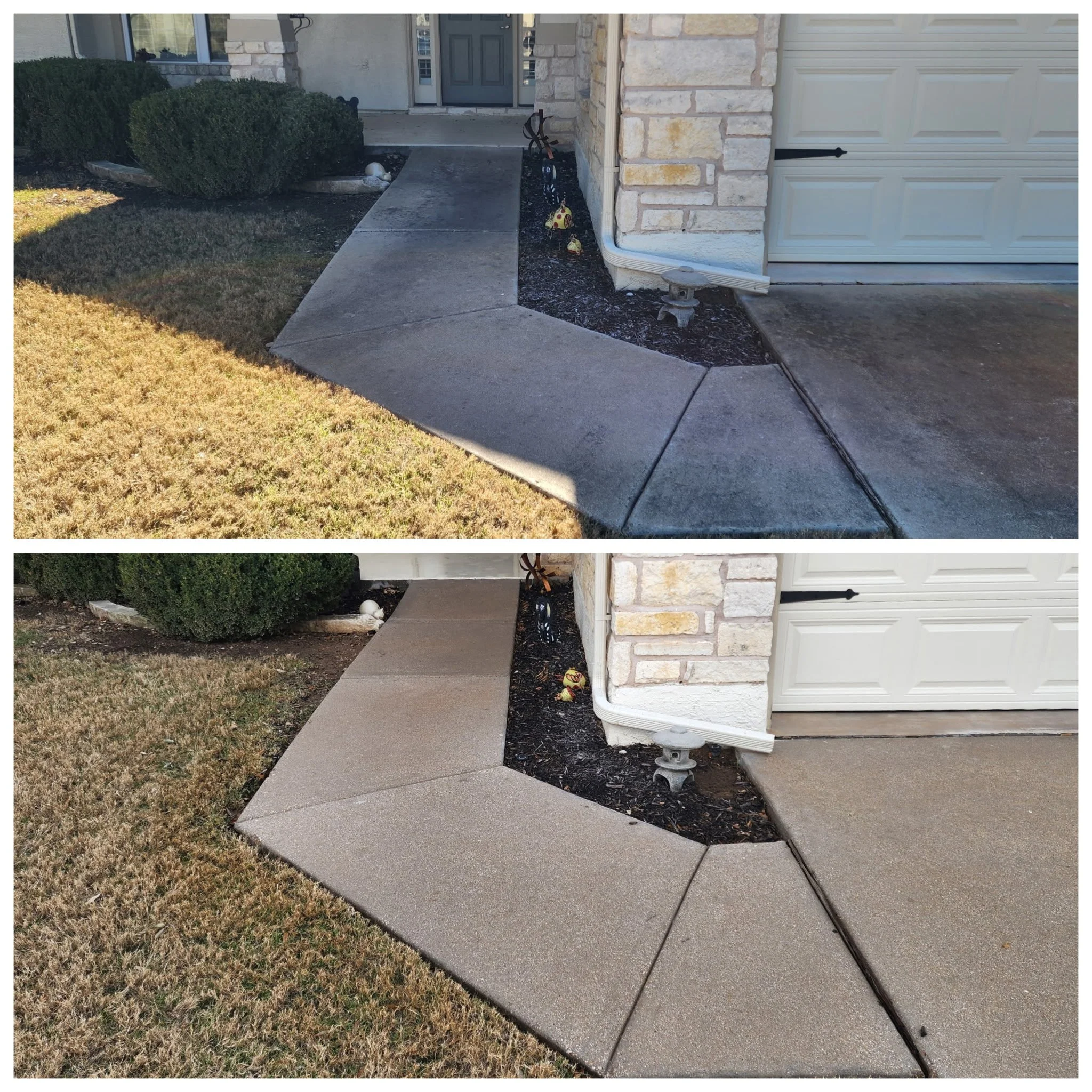 Comparison of a concrete sidewalk before and after cleaning.