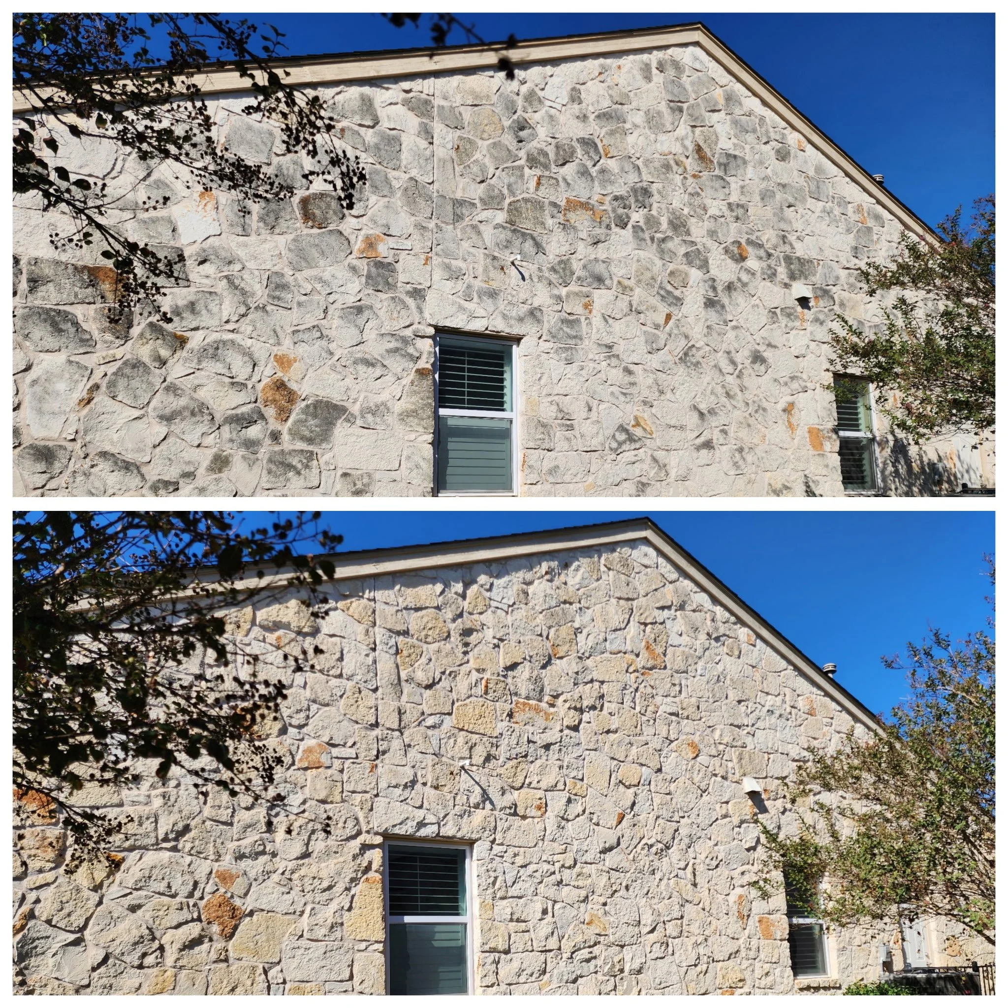 Side views of a stone house wall with windows, showing before and after cleaning or restoration, with tree branches in the foreground and a clear blue sky.