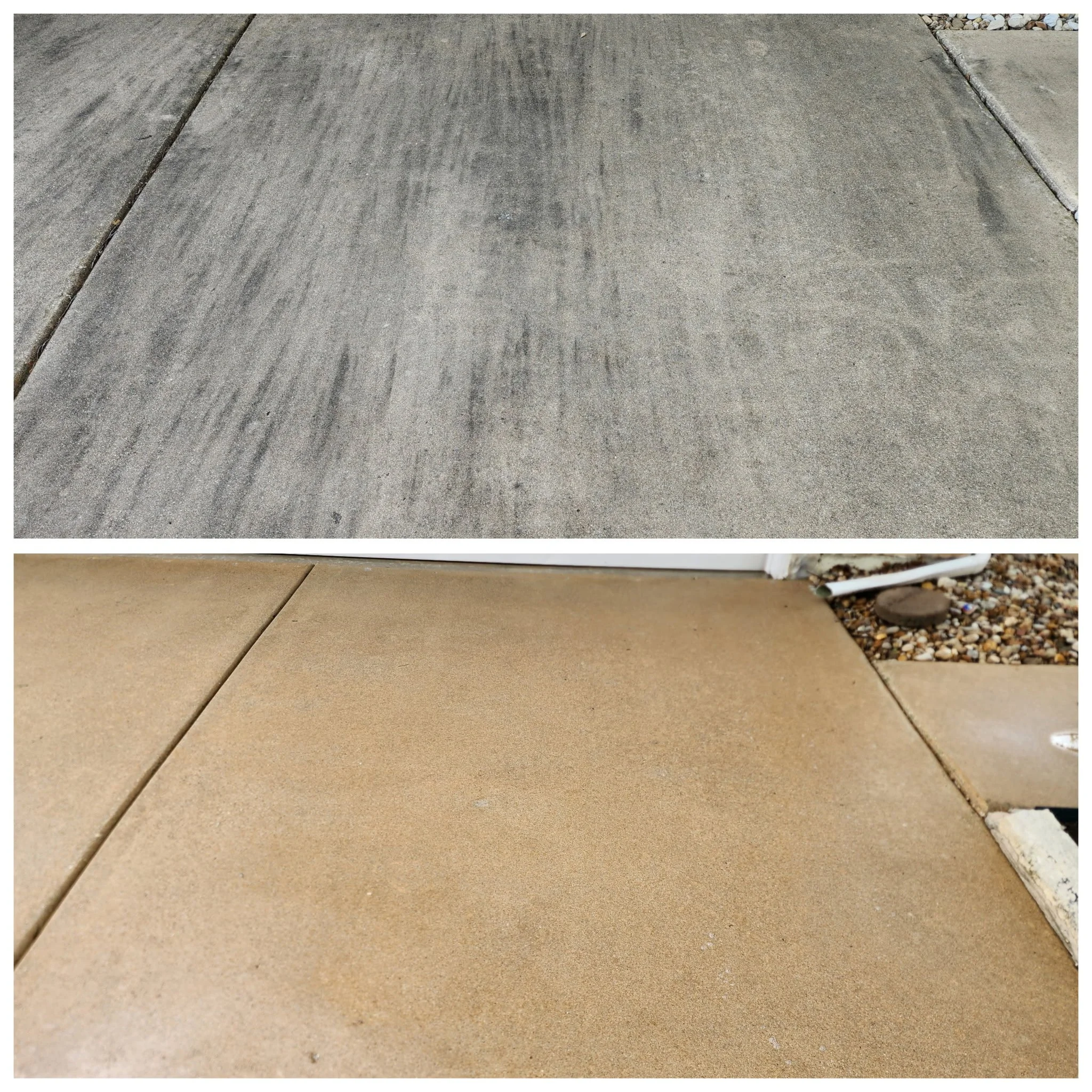 Comparison of an old gray concrete sidewalk with visible stains and wear, and a new, clean tan-colored concrete sidewalk.