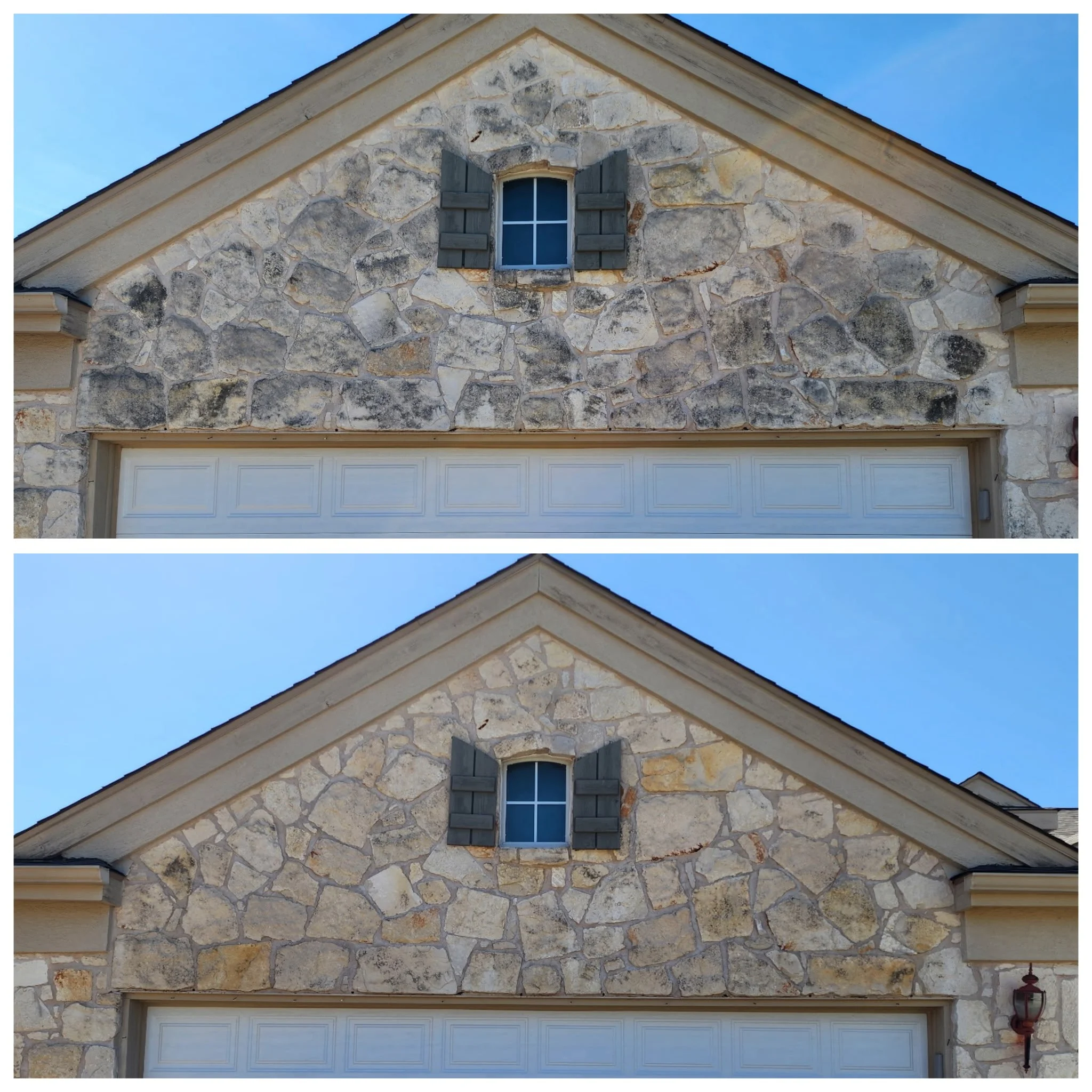 Two images of a house's stone facade with a small arched window and shutters above the garage door, showing differences in the stone pattern and color.