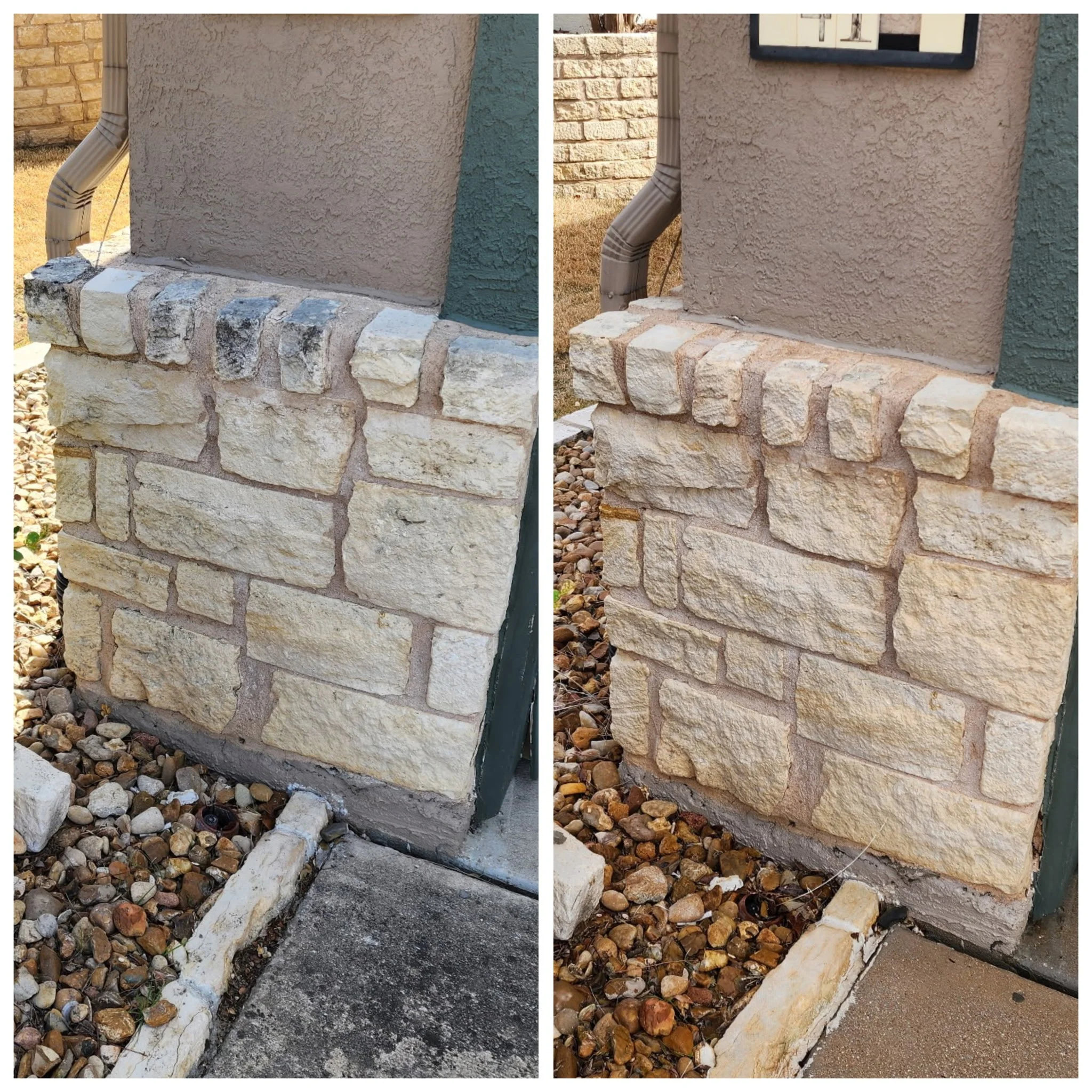 Comparison of a stone wall and landscaping at a building corner, showing before and after restoration with new stonework and landscaping adjustments.