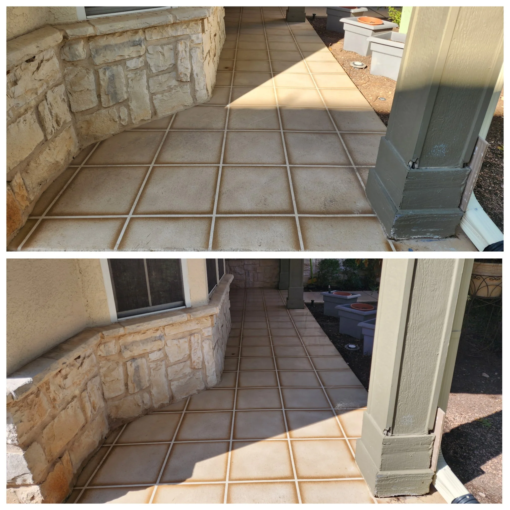 Side-by-side comparison of a tiled porch area, with the top image showing an uncleaned floor and the bottom image showing a cleaned and brightened tiled surface, with a stone wall and a painted column.