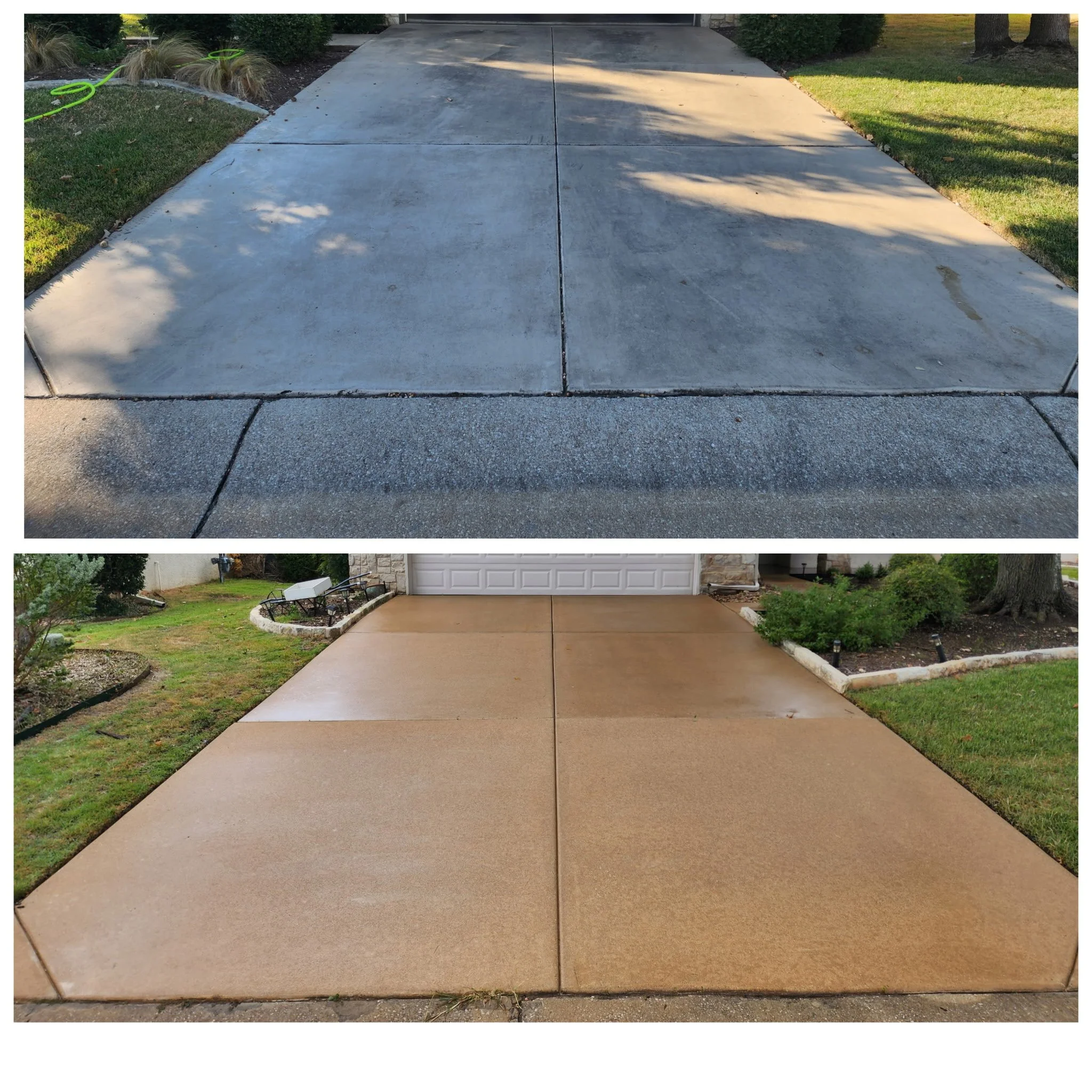 Comparison of two concrete driveways, one older and weathered, the other recently cleaned and sealed, showing improved appearance and color.
