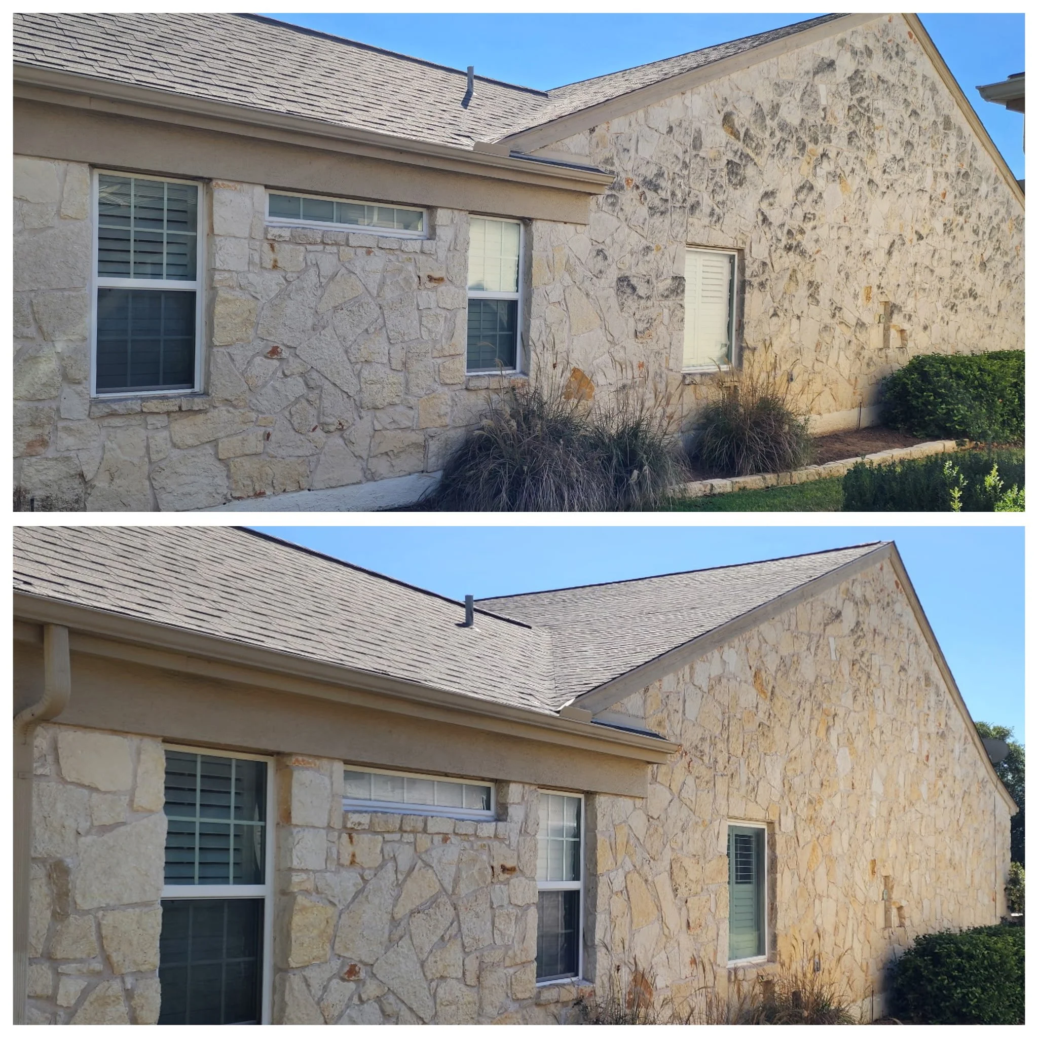 Side view of a house with stone exterior walls, new windows, and a roof with a chimney and vents, showing before and after landscaping or renovation.