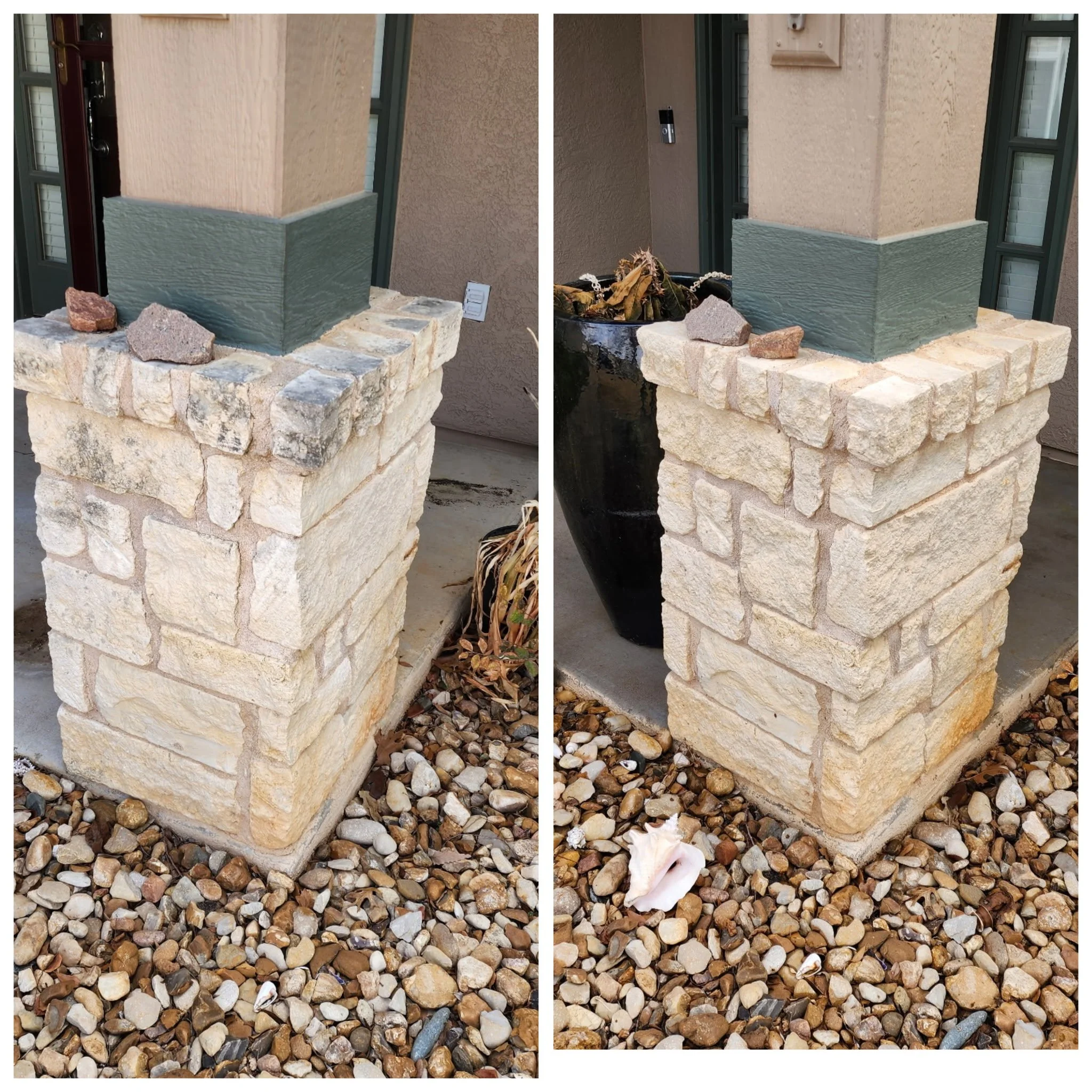 Comparison of two stone pillars at an outdoor entryway, showing the addition of a black water fountain on the right and a green trim at the top, with dry pebbles surrounding the base.