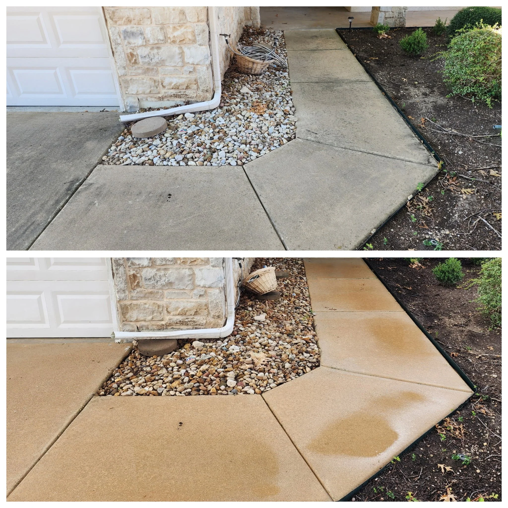 Sidewalk before and after cleaning, showing removal of dirt and stains, with clean, light brown concrete surface.