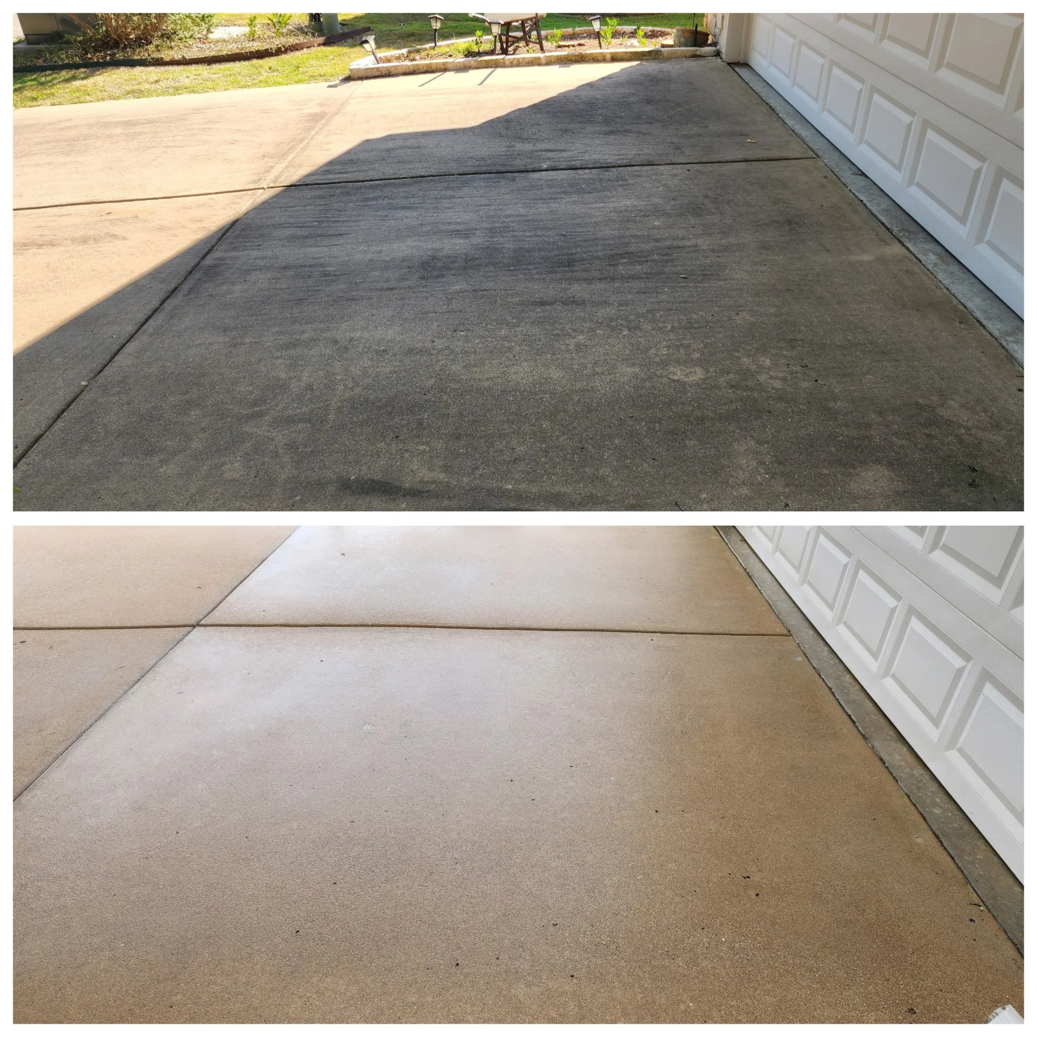 Comparison of a concrete driveway before and after cleaning or sealing. The top image shows a dark, dirty, and weathered concrete surface, while the bottom image shows a clean, smooth, and lighter-colored concrete surface.
