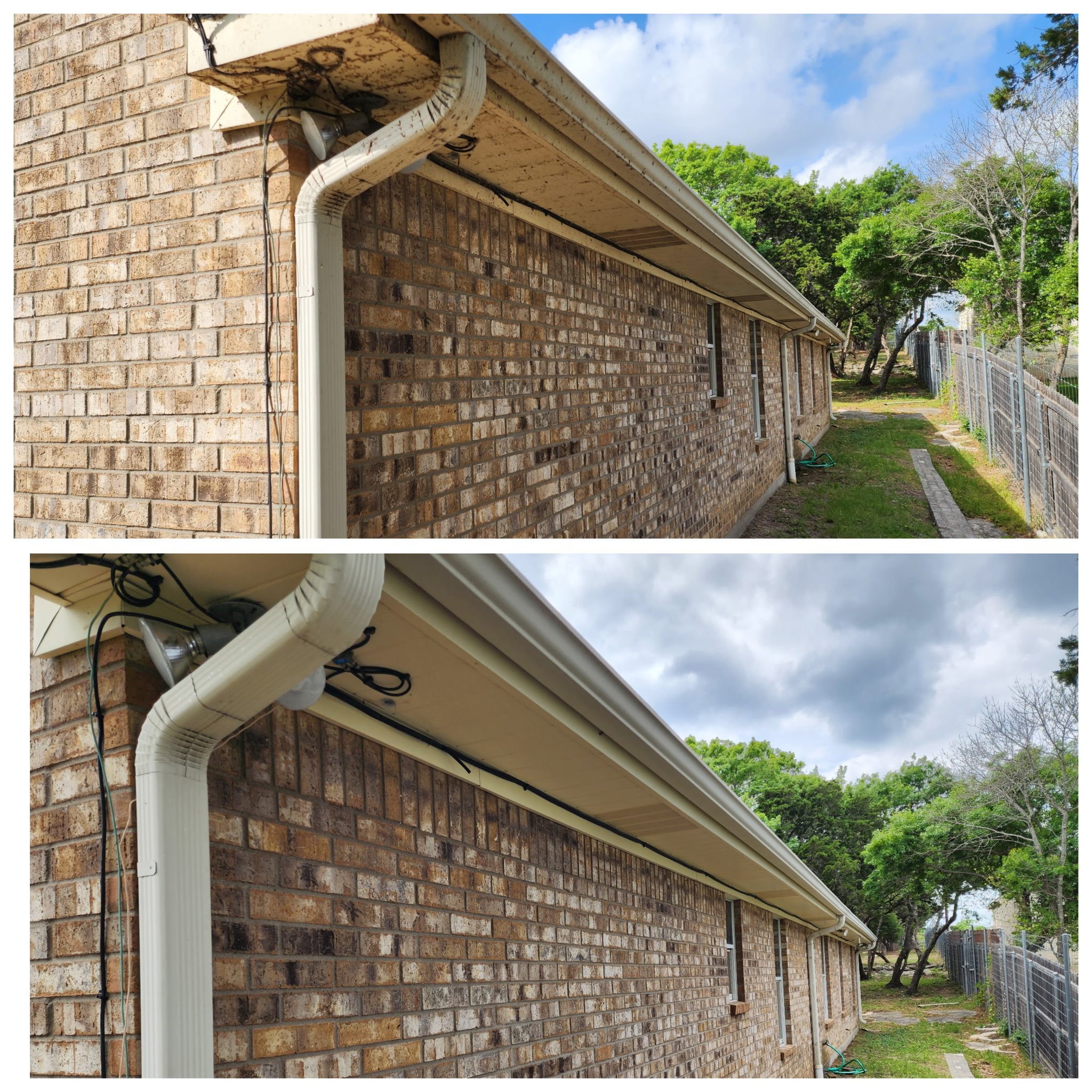 Comparison of the house gutter and drainage system before and after cleaning or repair, showing the improvement in cleanliness and condition.