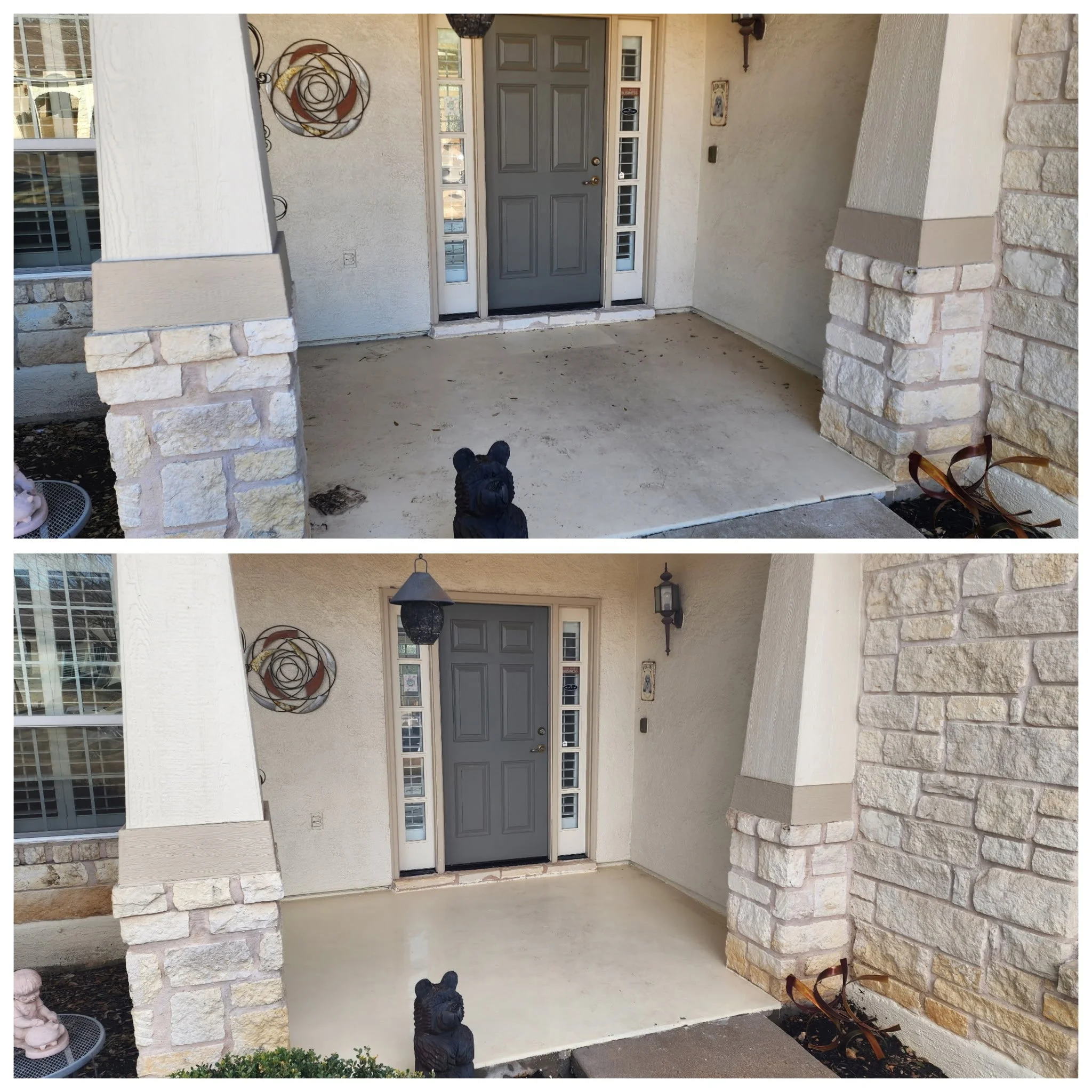 Comparison of a porch before and after cleaning and refinishing, showing a concrete porch with dirt and stains in the before image and a clean, polished surface in the after image.