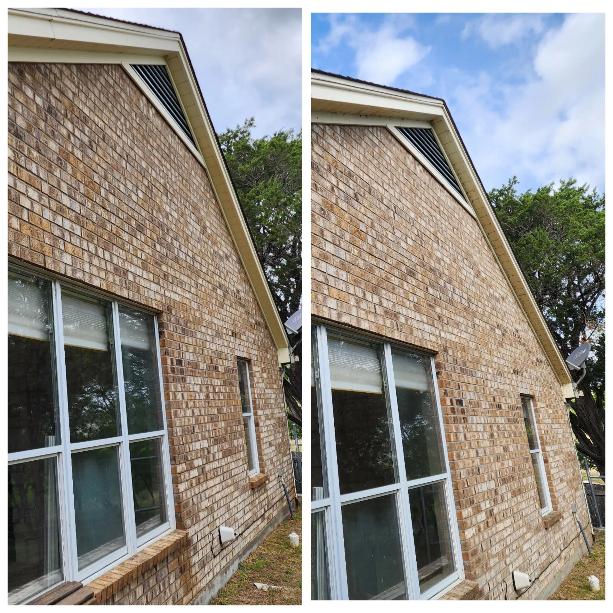 Comparison of a brick house exterior with window, showing the roof and sky.