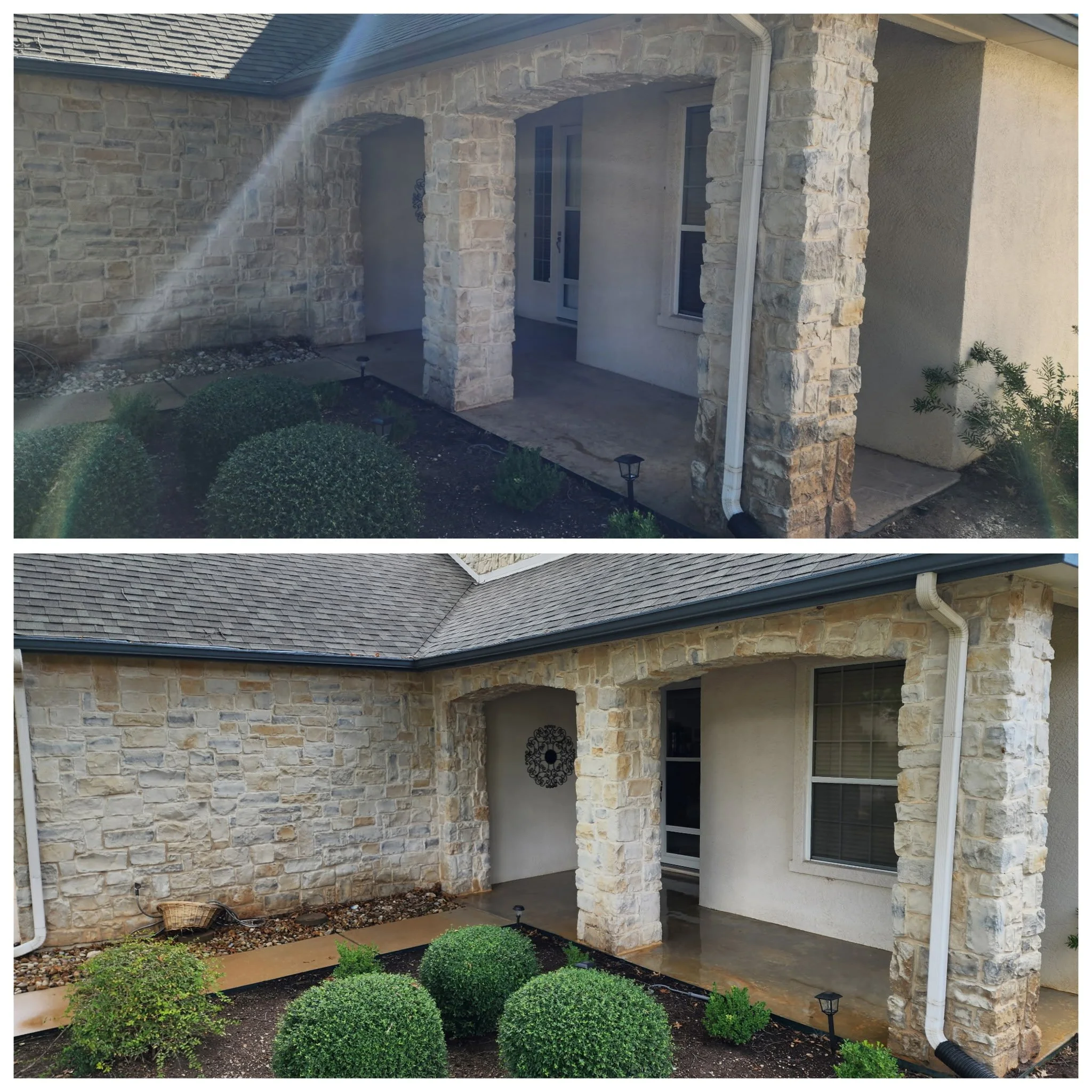 Before and after images of a house's front porch area, showing landscaping and general outdoor appearance.