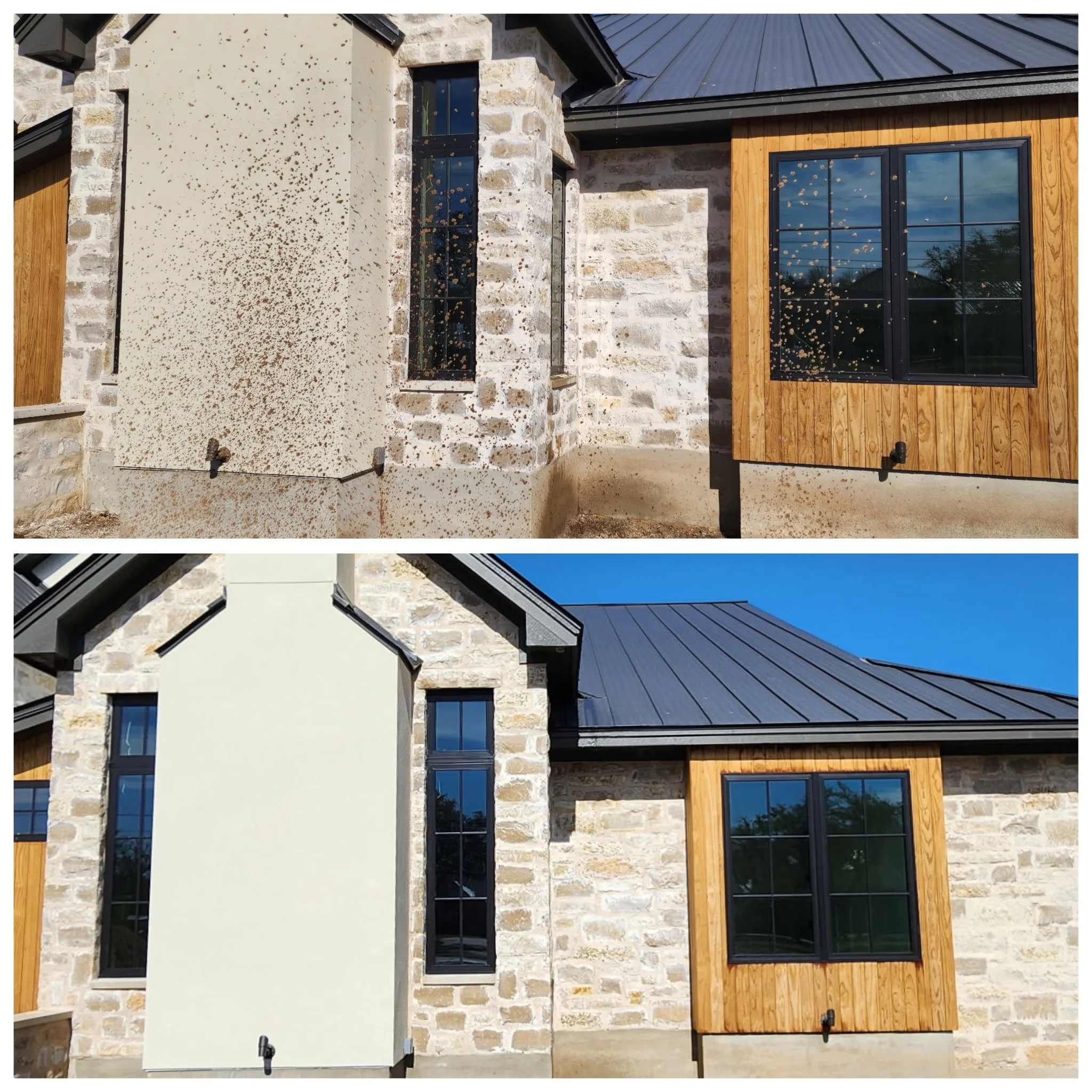 Side-by-side comparison of a house's exterior wall; top image shows dirt or stain removal after cleaning, bottom image shows the wall before cleaning with dirt or stain.