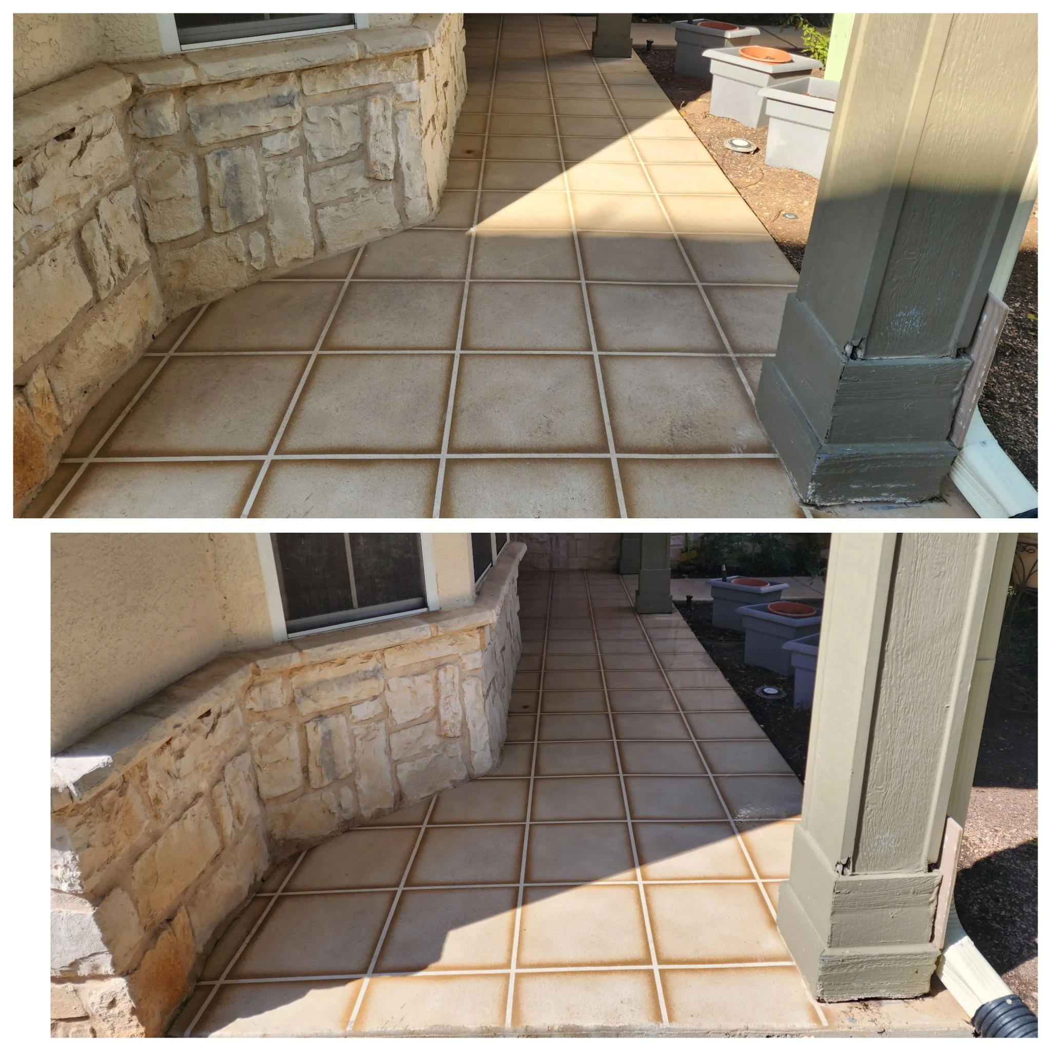 A composite of two photos showing a newly tiled porch with beige ceramic tiles and a stone wall, with the top image taken in sunlight and the bottom in shadow, highlighting the difference in lighting conditions.