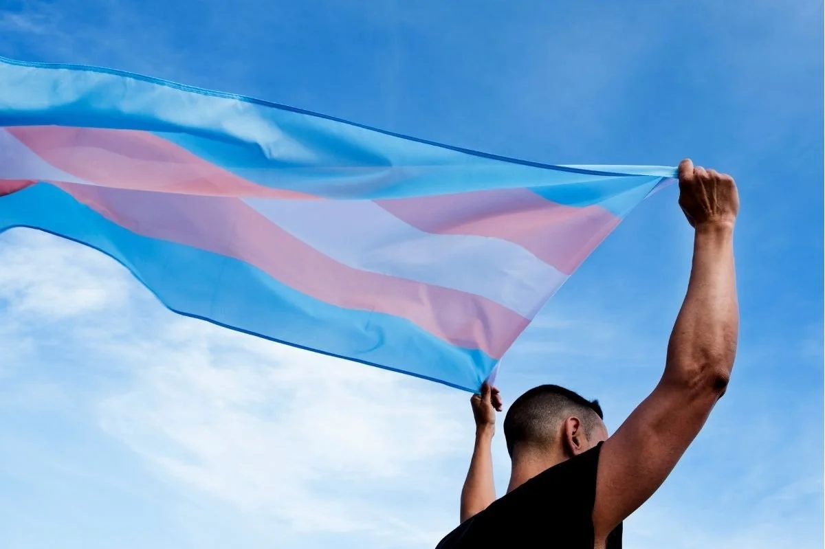 Person holding a transgender pride flag against a blue sky in a show of identity and support.
