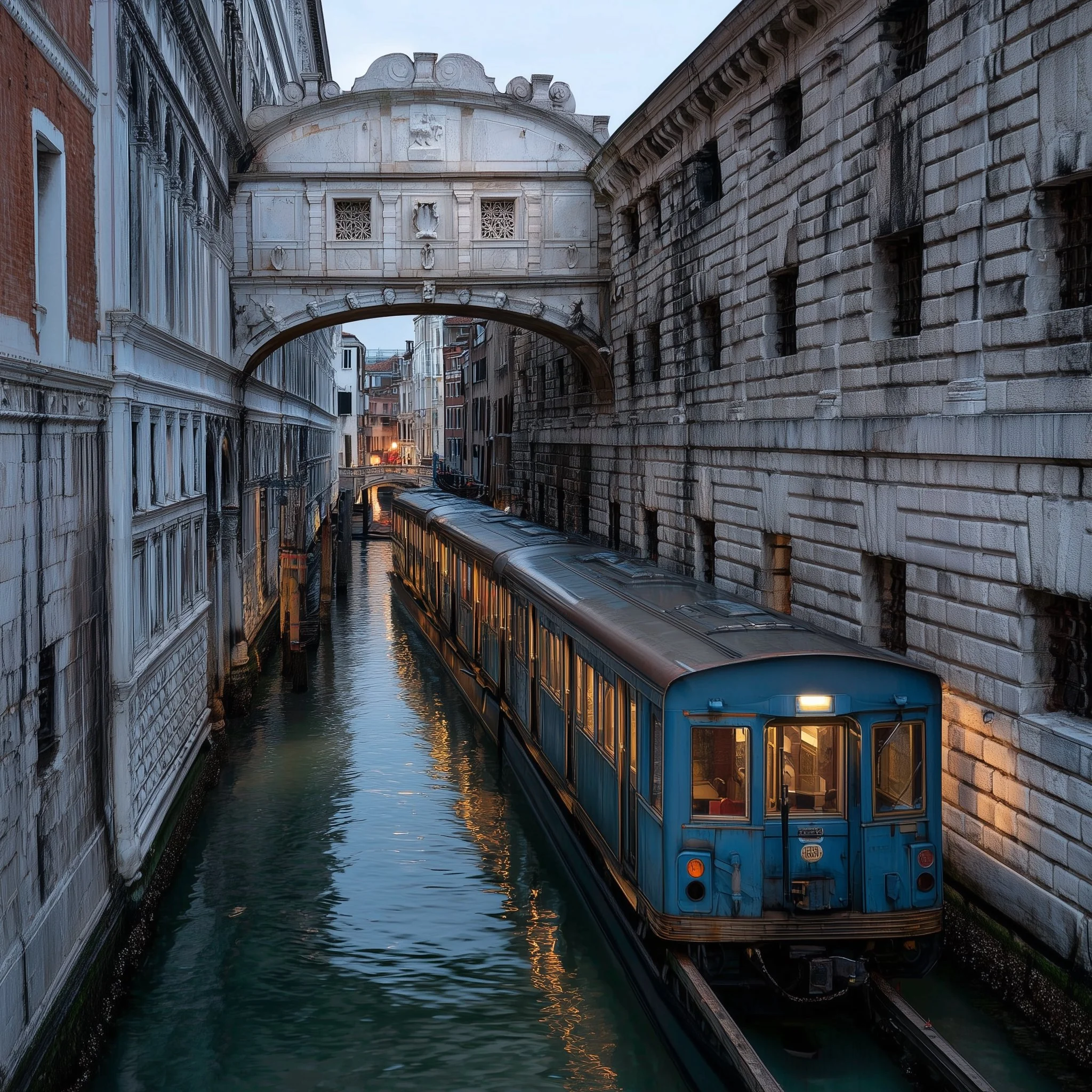 Una visione distopica di Venezia con un treno che passa sotto il Ponte dei Sospiri
