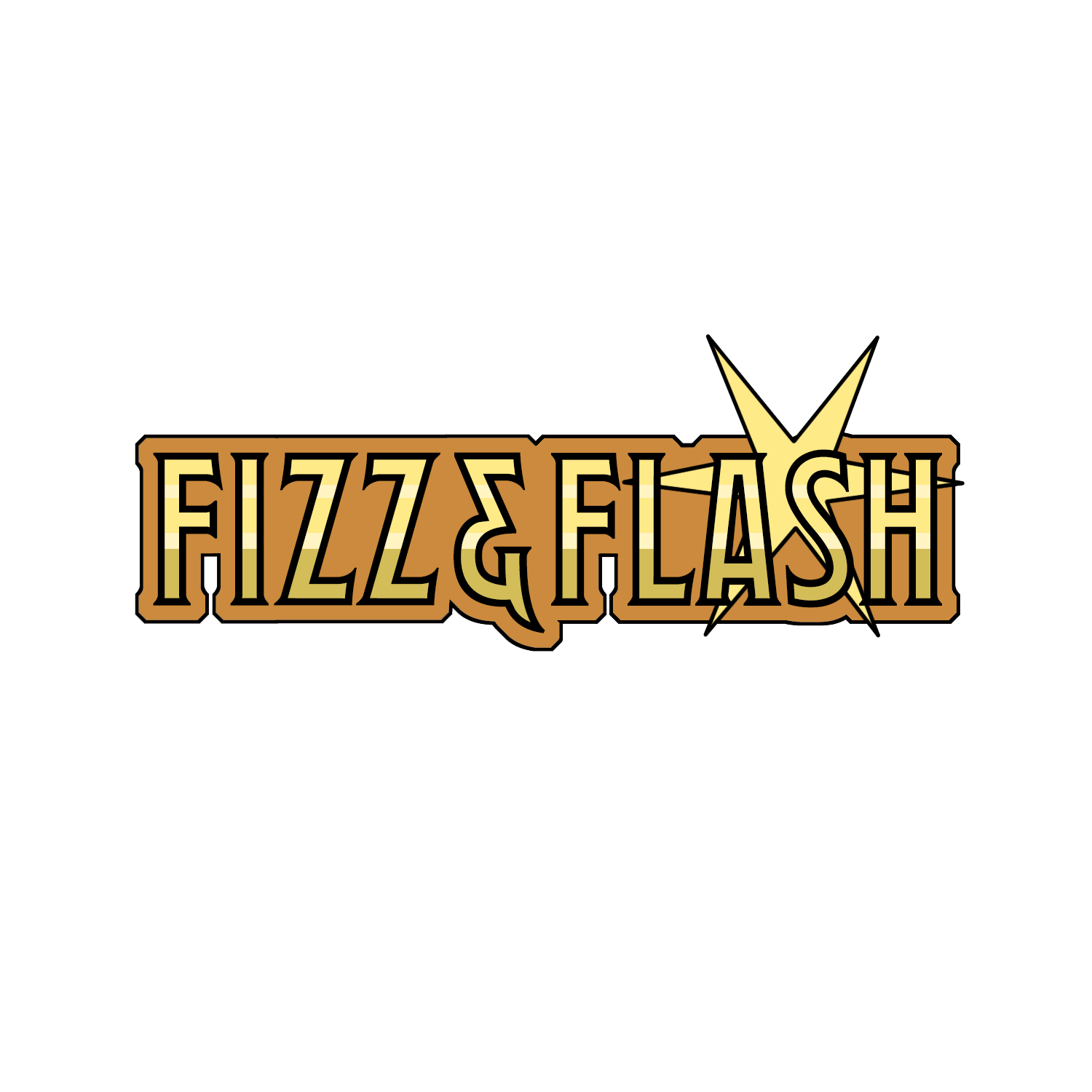 Logo for 'FIZZ & FLASH' featuring stylized text in yellow and brown with a lightning bolt design.