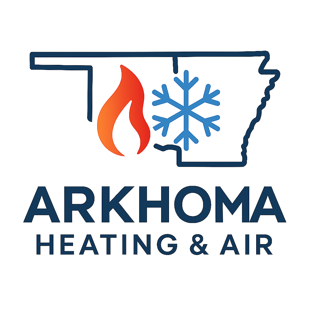Logo for Oklahoma Heating & Air featuring an outline of the state of Oklahoma with a flame on one side and a snowflake on the other, and the business name below.