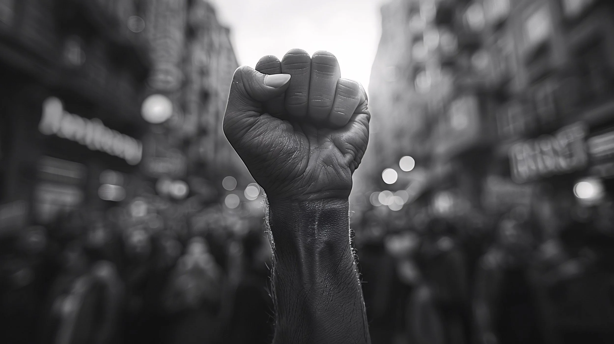 Black and white photo of a raised fist in a crowd on a city street.