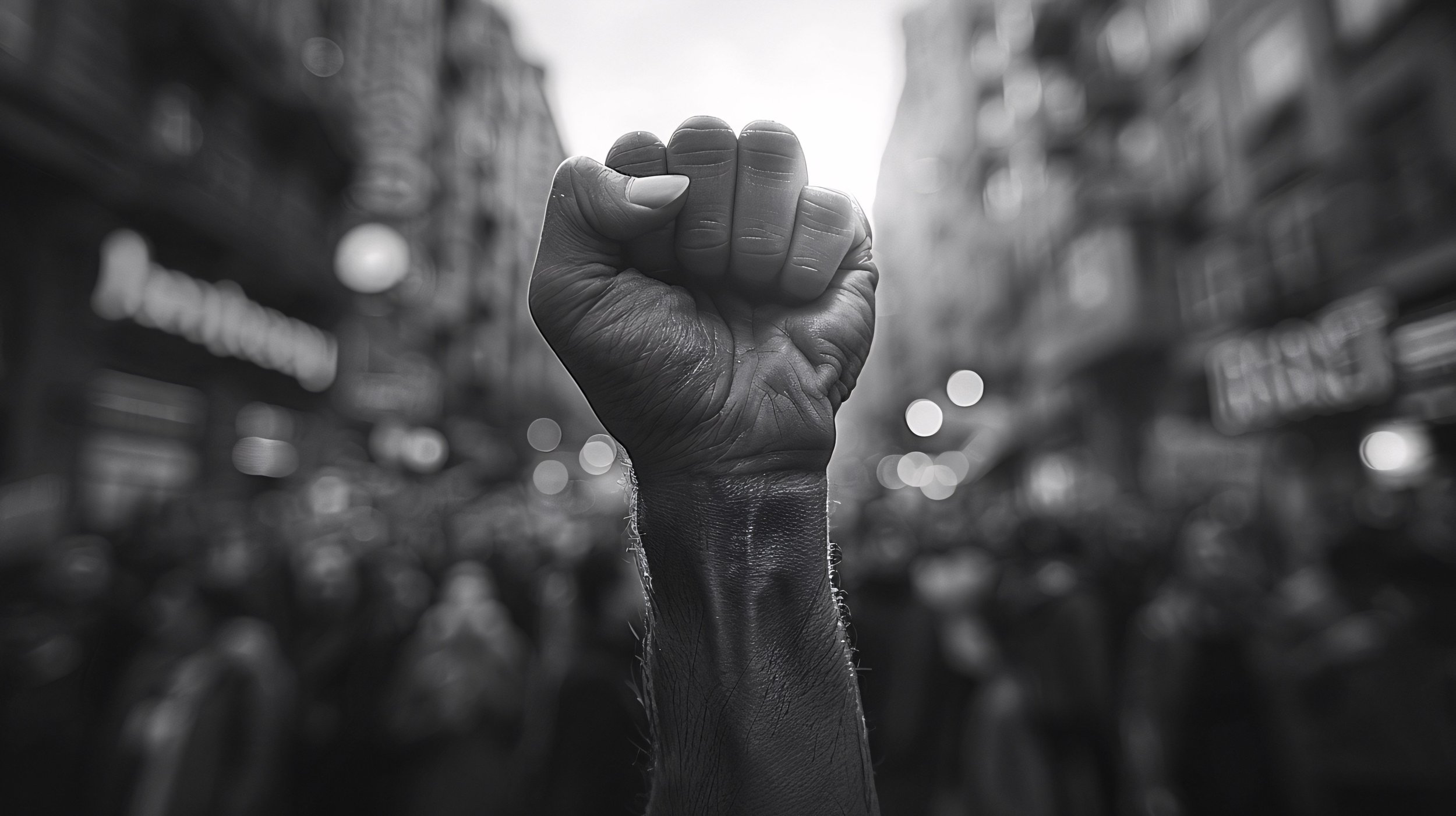 A raised clenched fist in black and white, with a blurred city street background.
