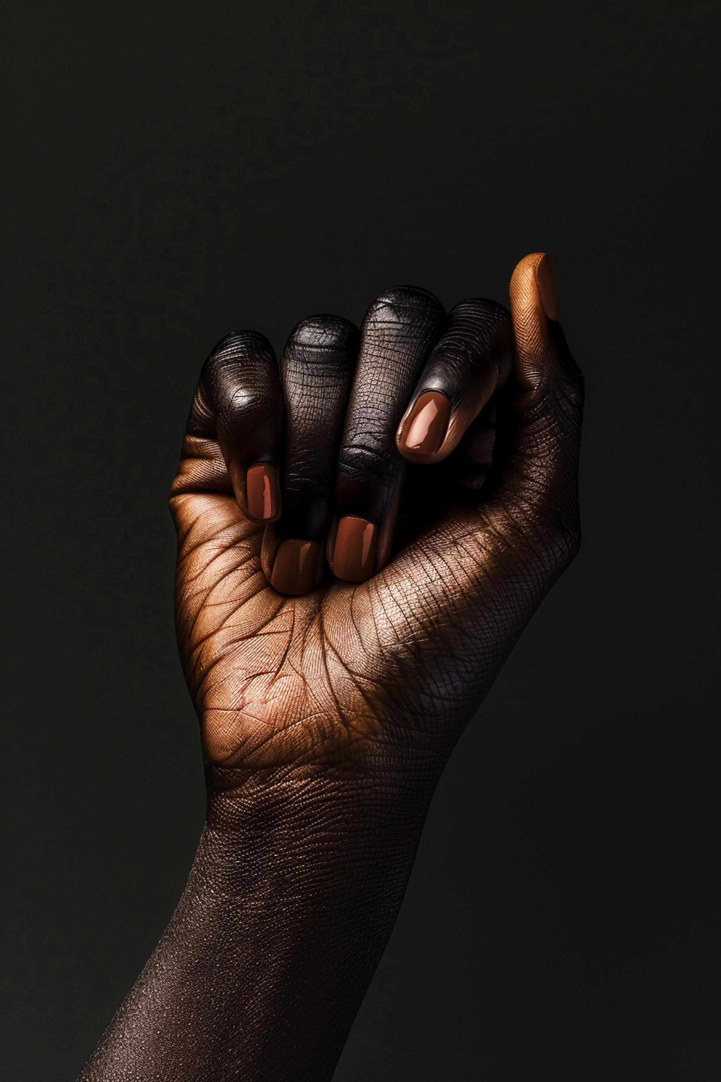 A close-up of a hand with dark skin tone, showing brown-painted fingernails, against a dark background.