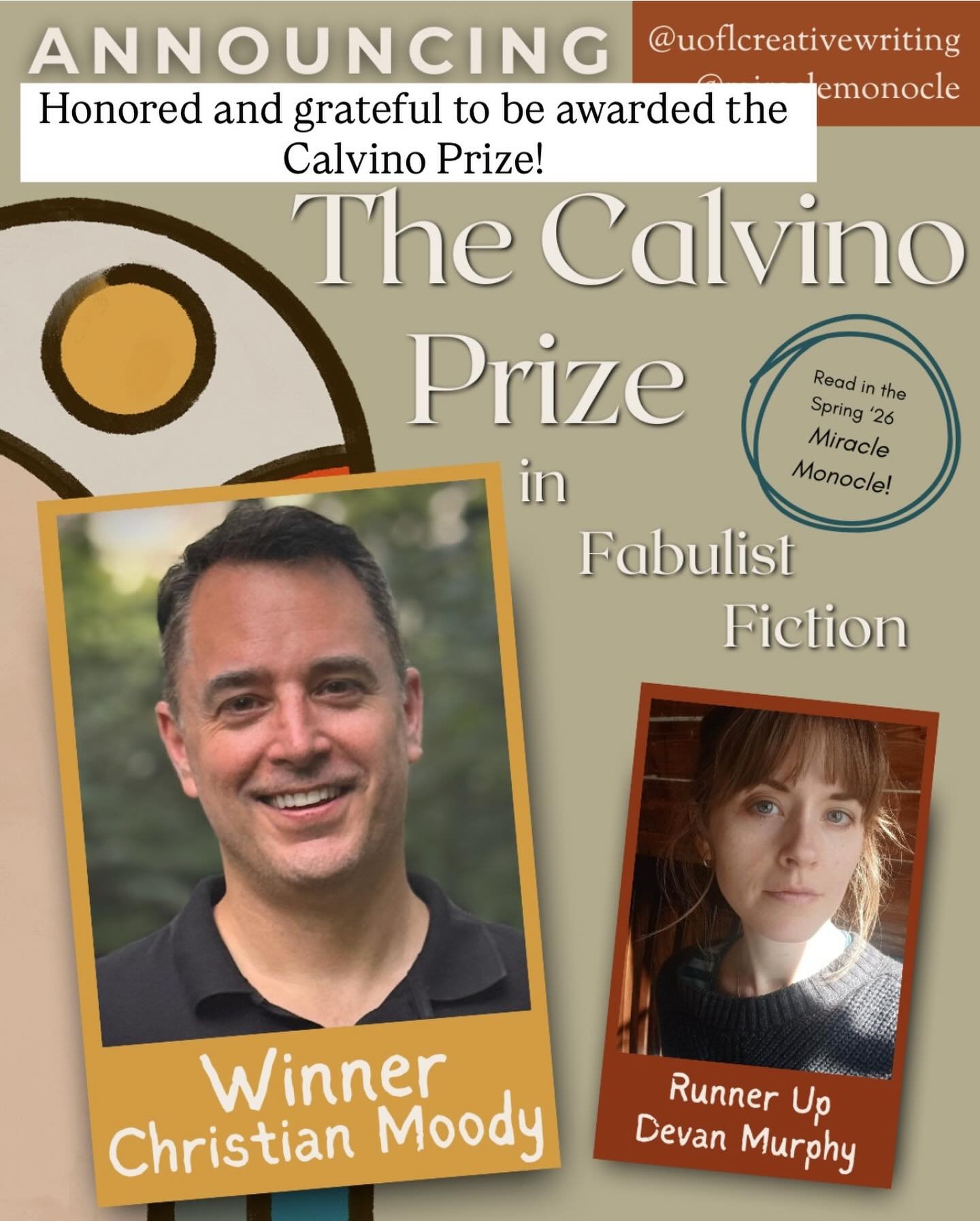 A giant thank you to @uoflcreativewriting and @miraclemonocle and Jenny Boully for awarding my fiction the Calvino Prize. &ldquo;The Babycatcher&rdquo; appears in my book Lost in the Forest of Mechanical Birds published by @dzancbooks.