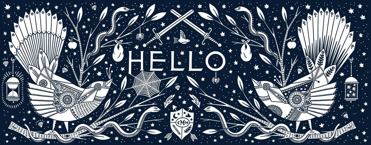 Illustrated banner reading HELLO, with mechanical birds, by Margaret Kimball