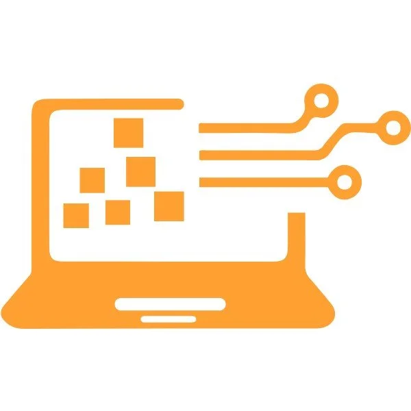 Illustration of a laptop with digital squares and circuit lines, representing technology and data processing.