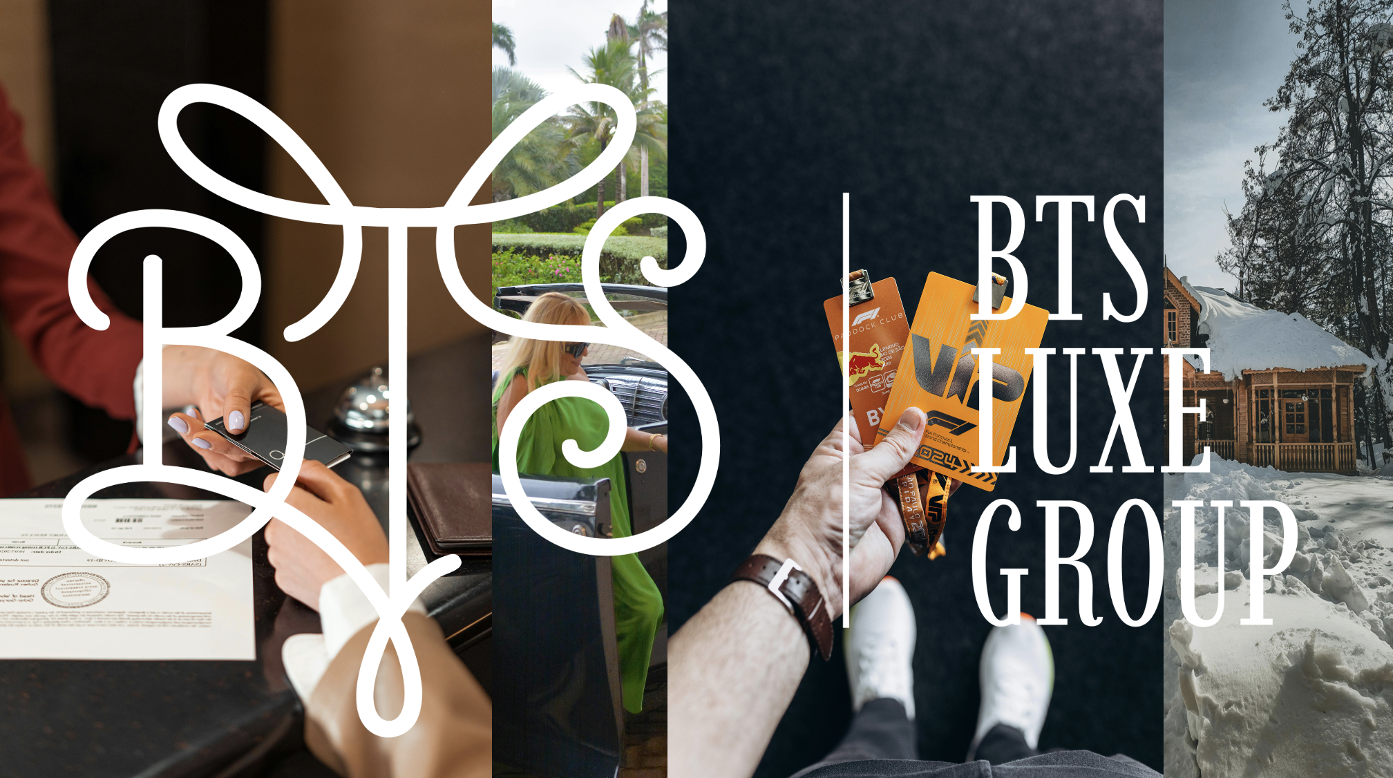 BTS Luxe Group collage of service including hotel reservations, private transfer and sports / event tickets