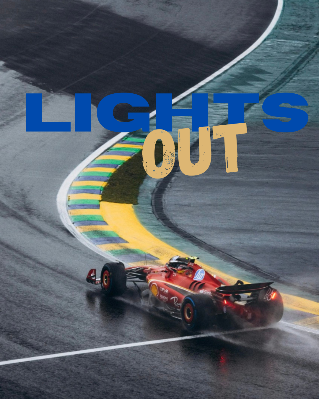 a formula one race car, ferrari, driving around a wet racing track with the words lights out overlaid.