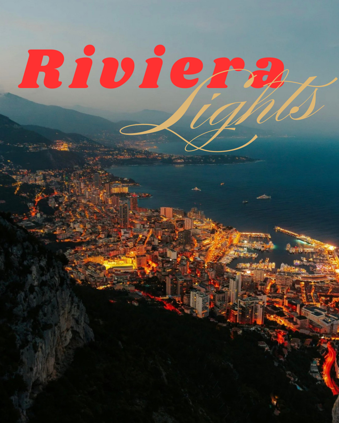 A city scape on the edge of the sea at night with the words riviera lights overlaid