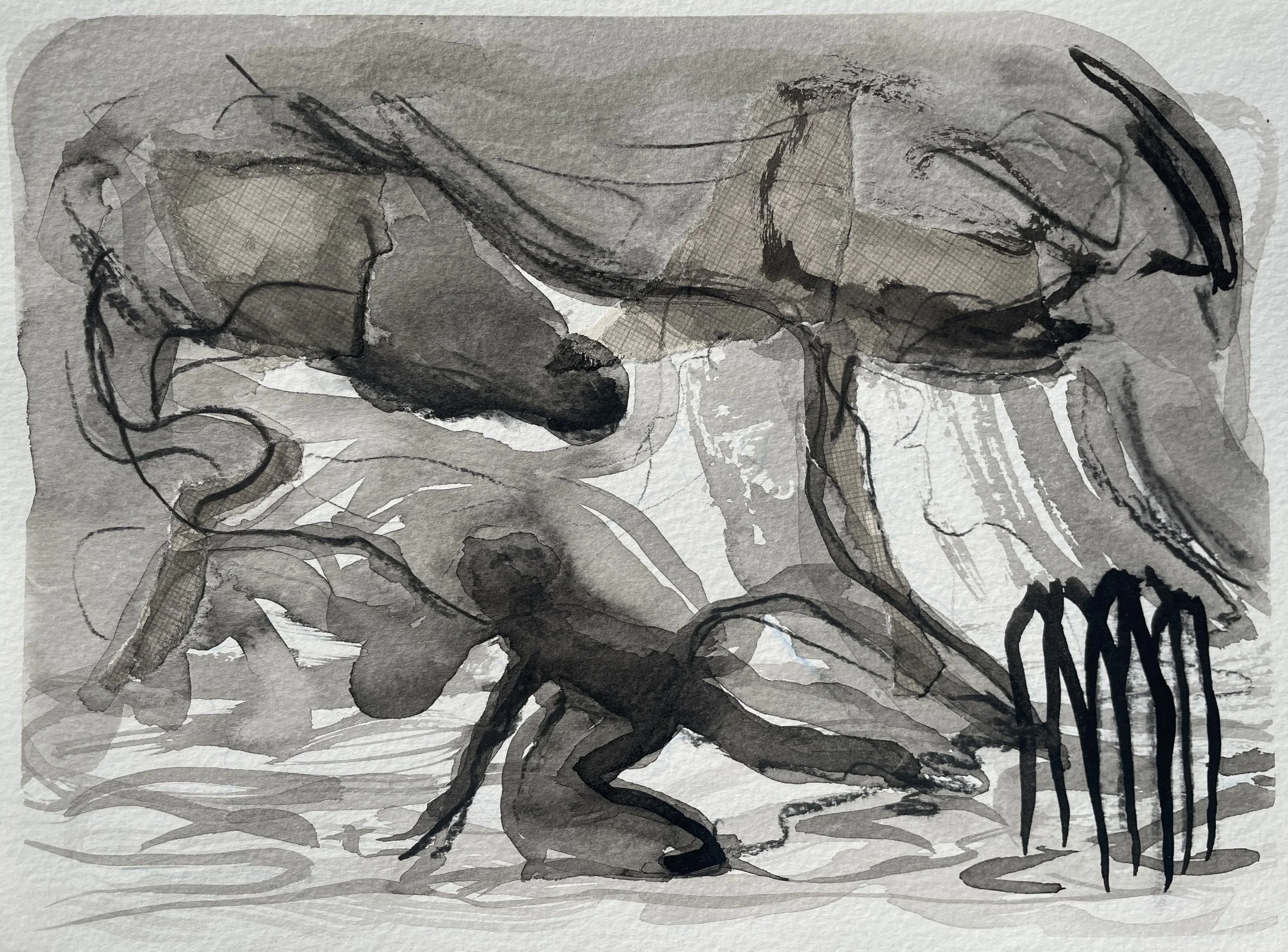 Púca series IV, 2025. Indian ink and mixed media on paper - 8 x 11 cm