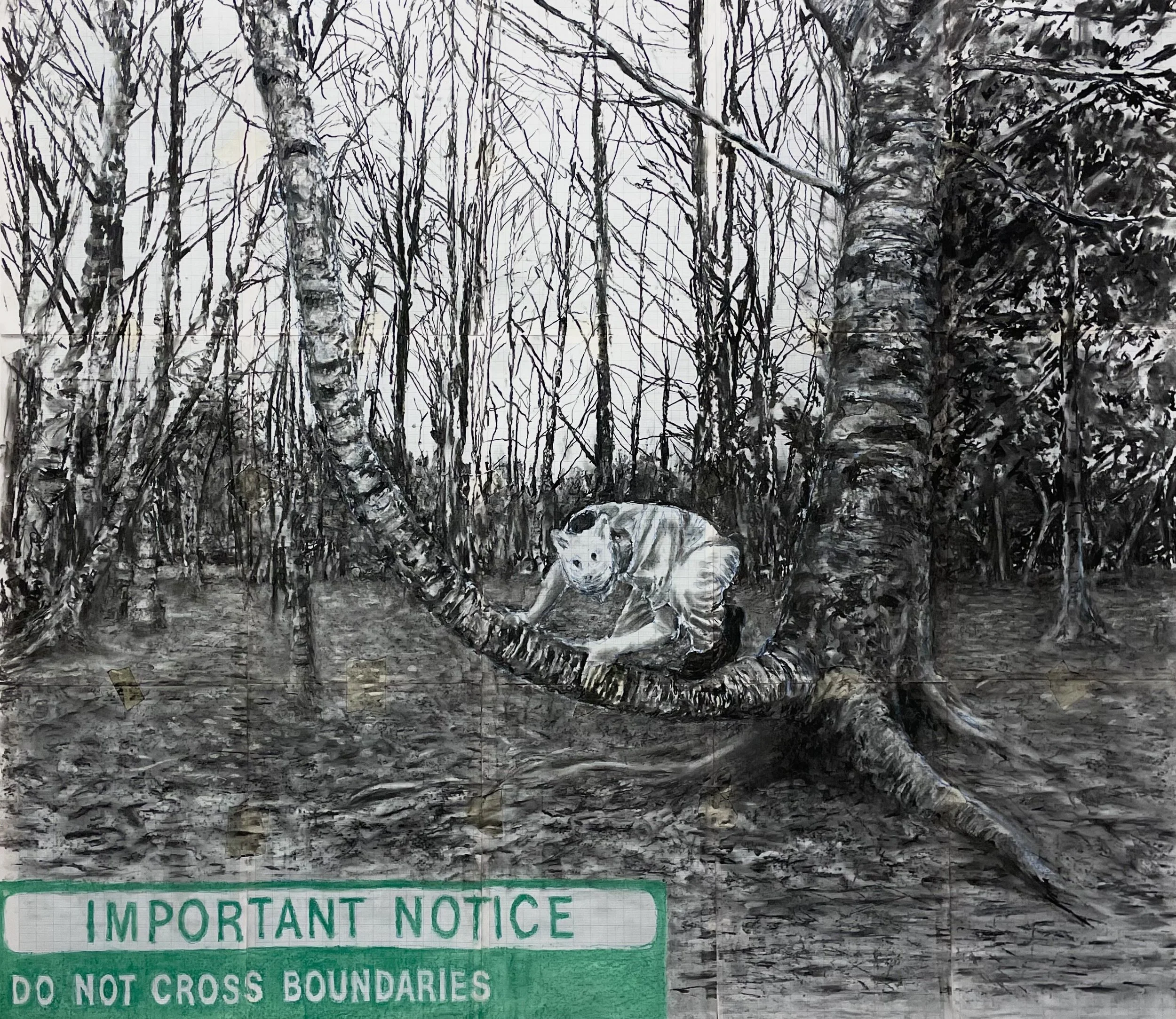 IMPORTANT NOTICE DO NOT CROSS BOUNDARIES, 2023. Charcoal and conté on graph paper - 130 x 150 cm