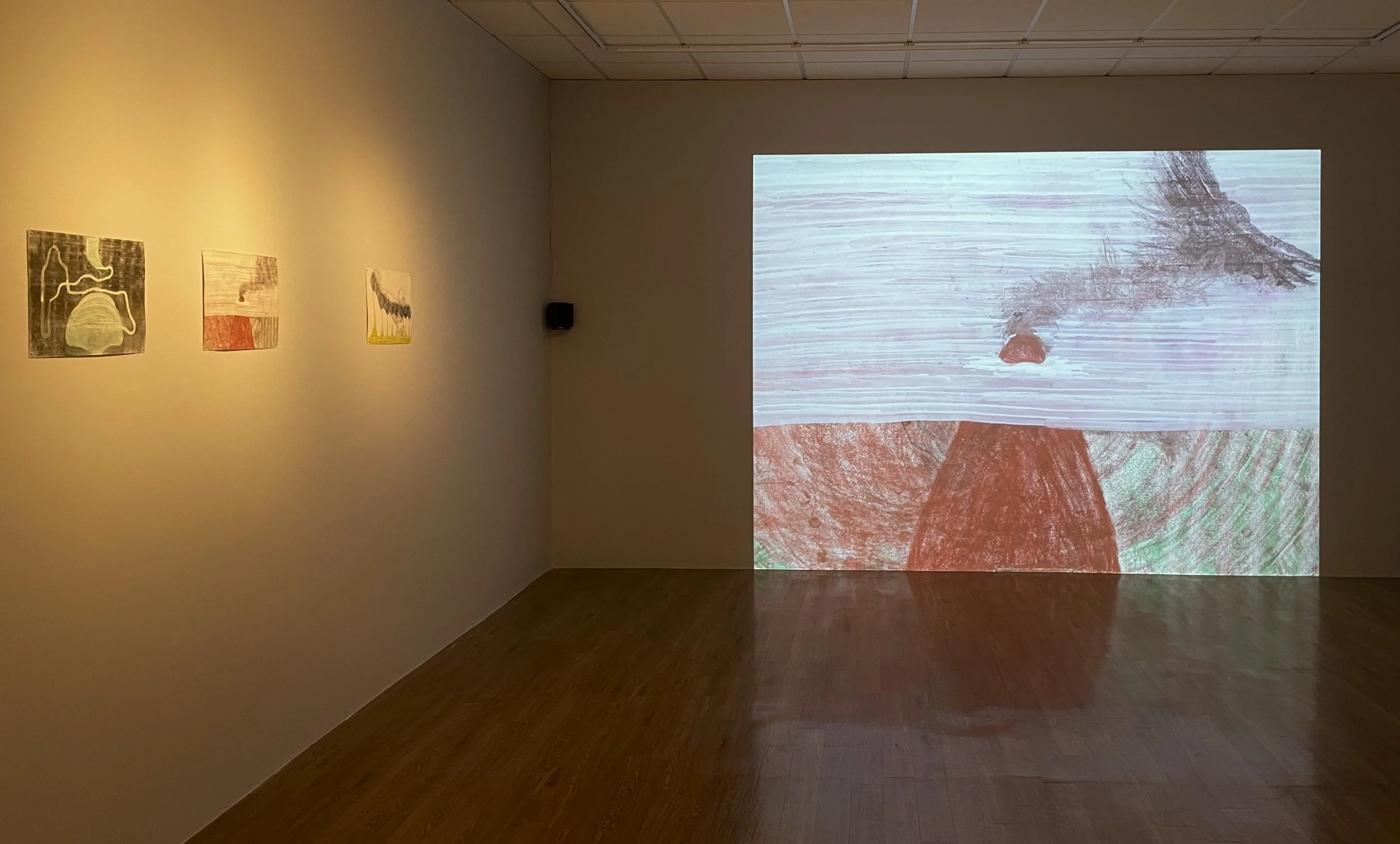 Installation view of animation A Tail of Two and three drawings (A Tail of Two scene II, III, and V). MTU STEAM Exhibition, EARTH, 2025. James Barry Exhibition Centre. 