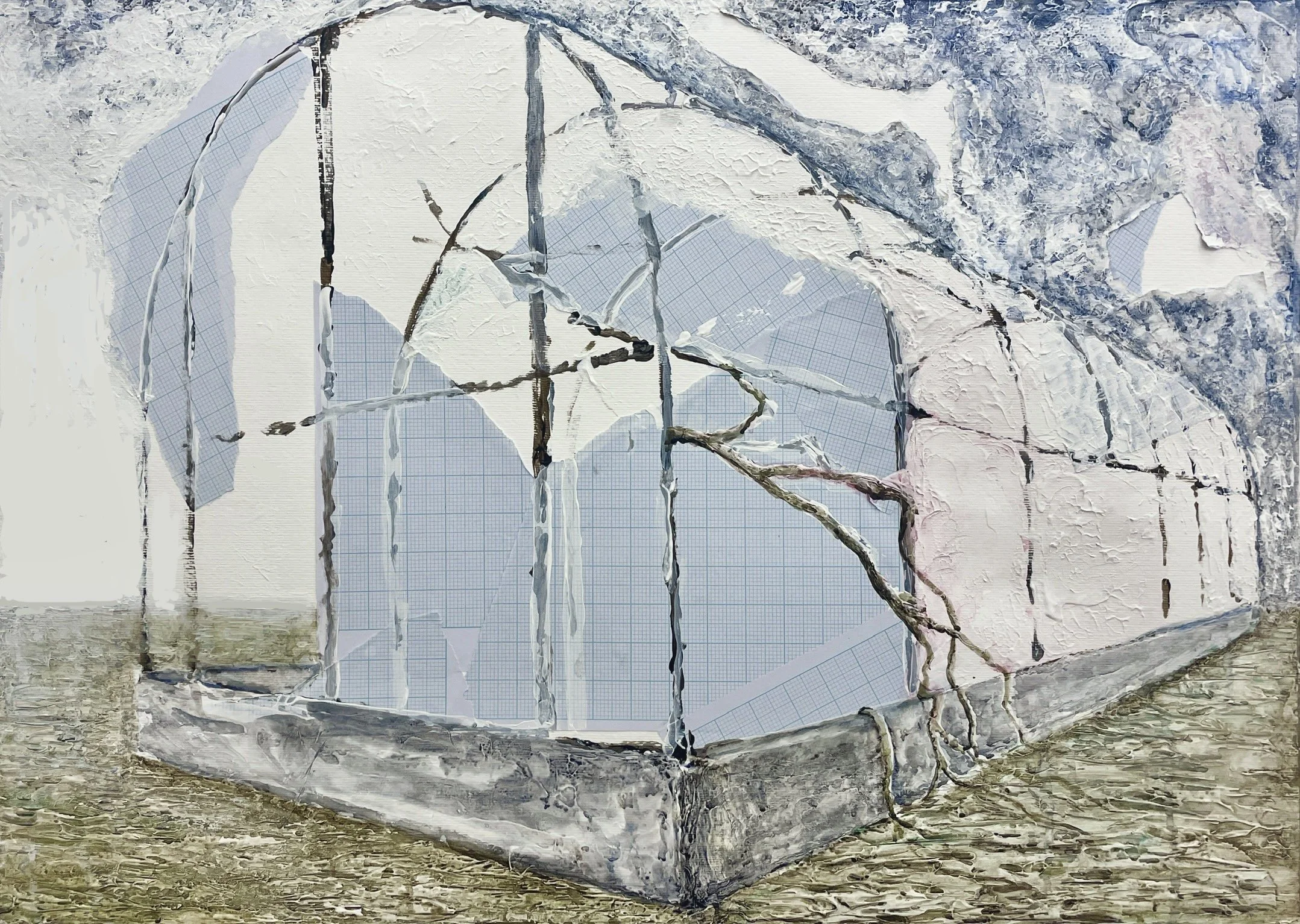 Polytunnel, 2024. Acrylic, watercolour and collage on paper - 42 x 59.4 cm