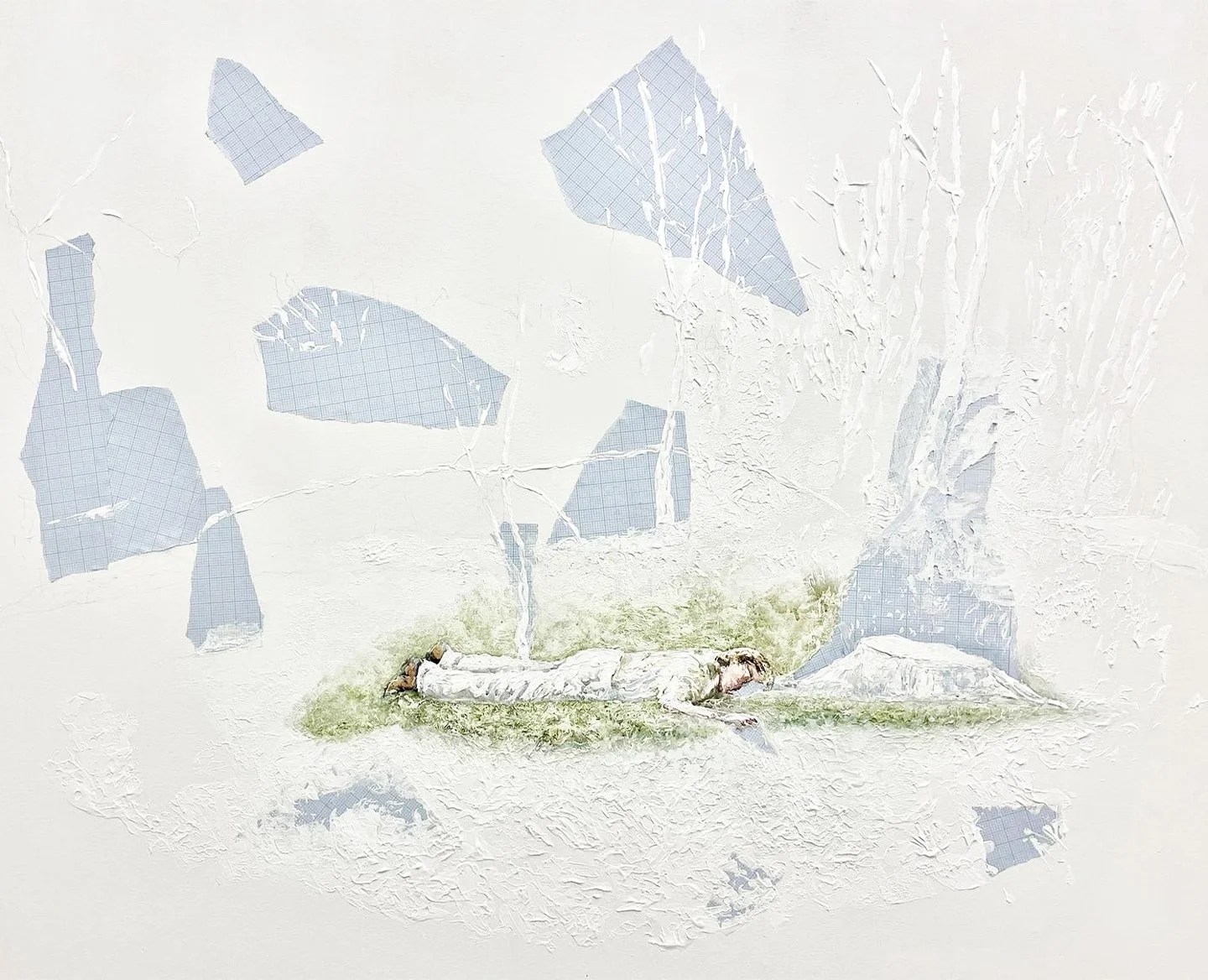 I Lay Stretched Between Grounds, 2024. Acrylic, watercolour and collage on canvas - 92 x 114.3 cm