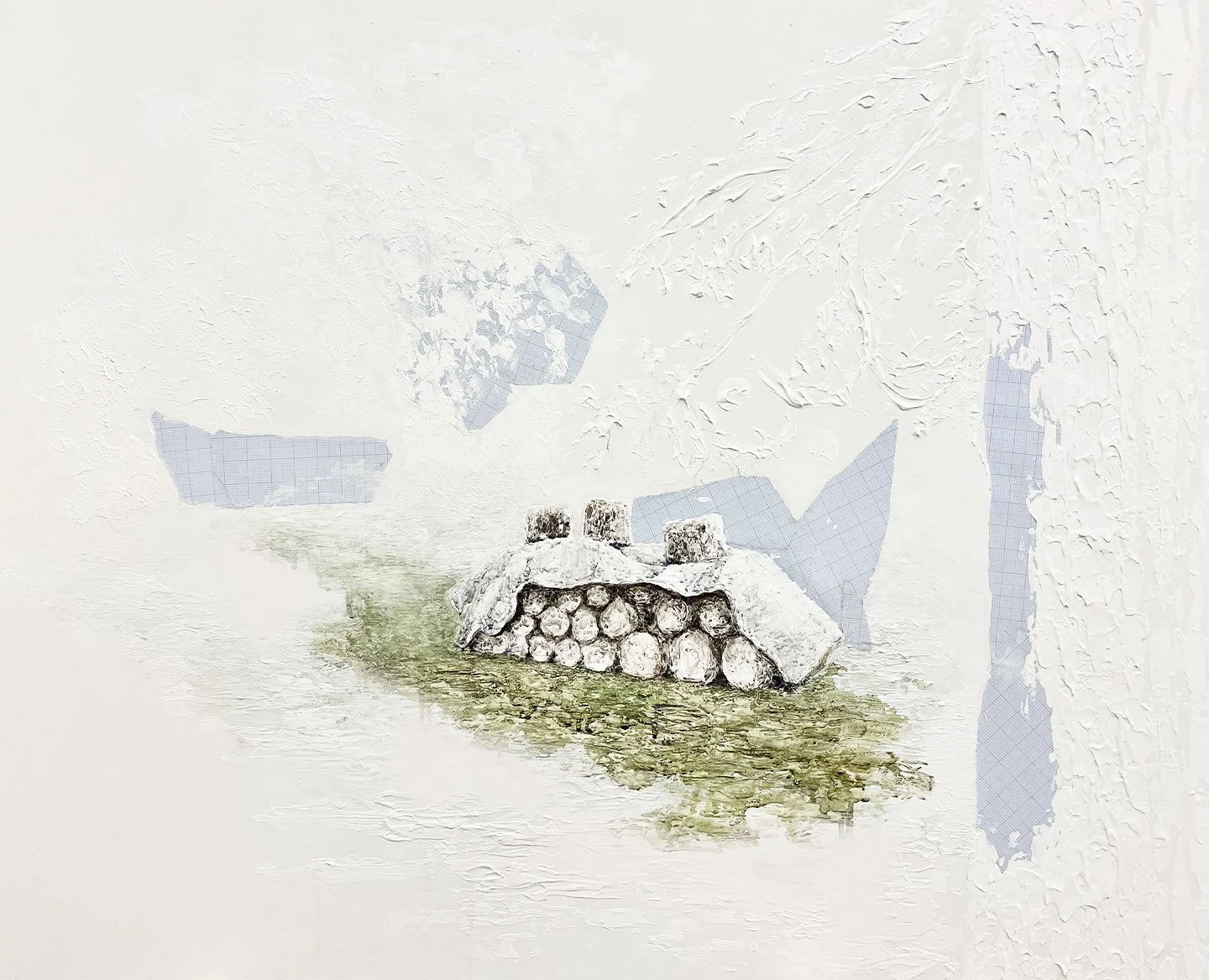 Shrouding, 2024. Acrylic, watercolour and collage on canvas - 92 x 114.3 cm