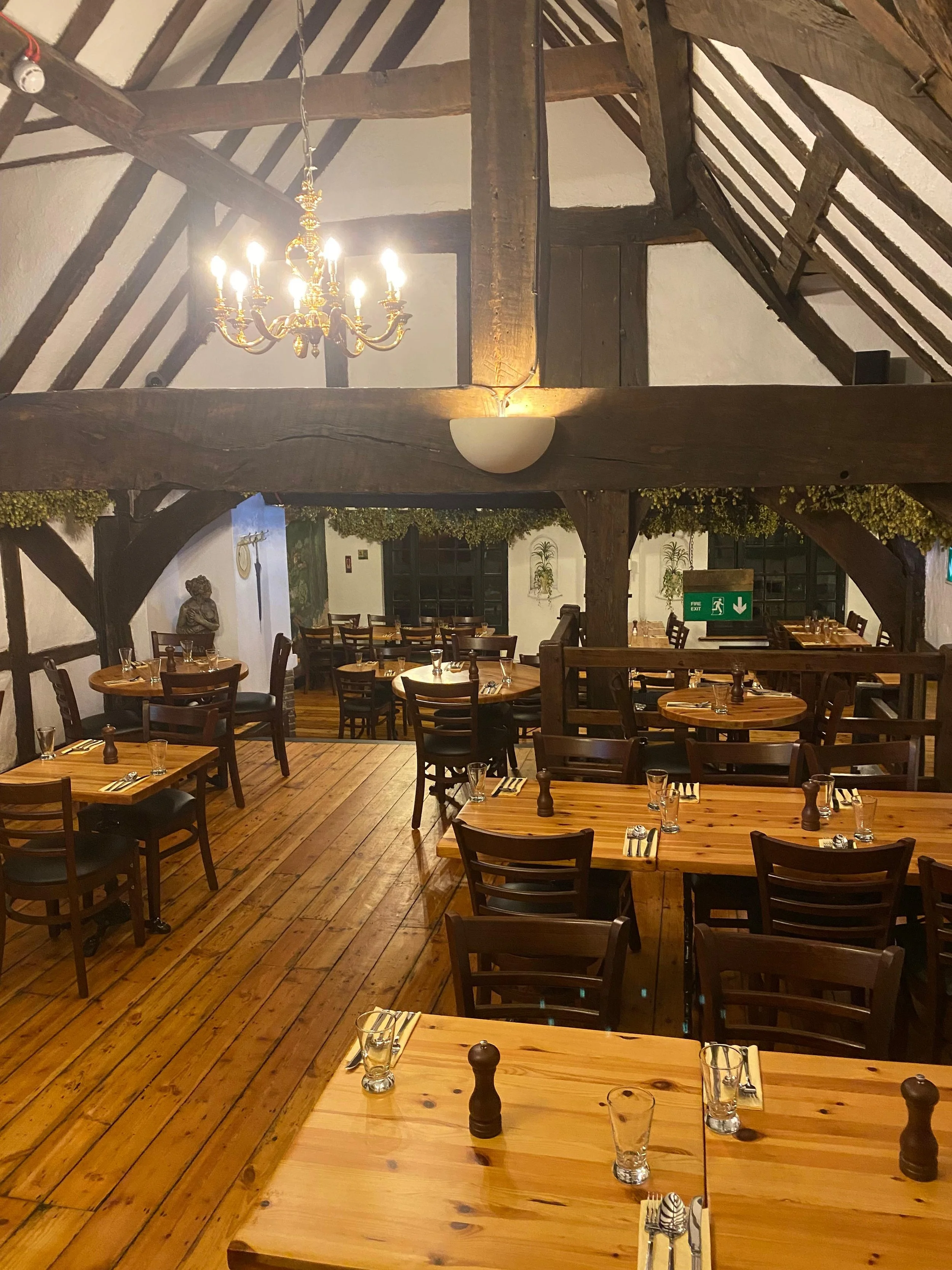 A cozy restaurant interior with wooden tables and chairs, a chandelier hanging from the ceiling, and a wooden beam ceiling with white walls decorated with plants and a sculpture.