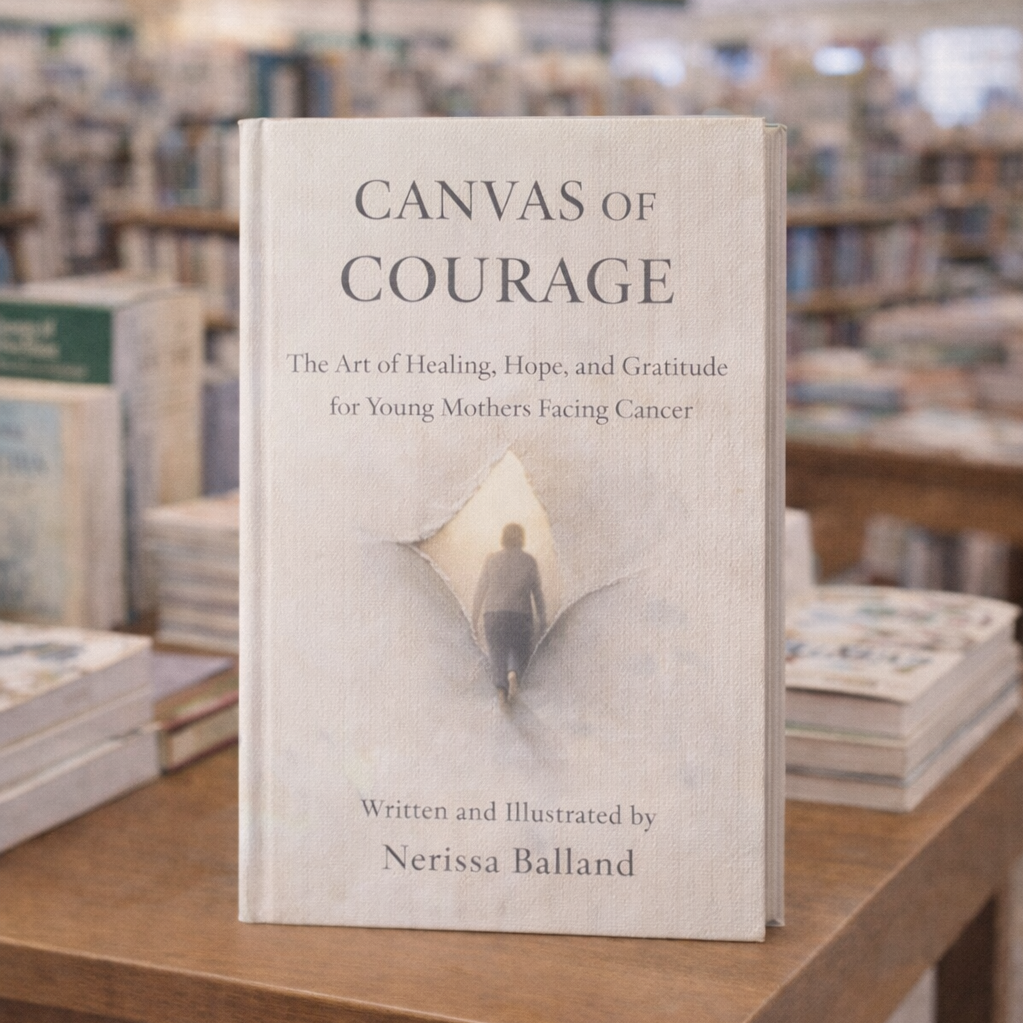 Canvas of Courage by Nerissa Balland displayed in a bookstore. The book shares stories of young mothers navigating cancer and explores healing through creativity and resilience.