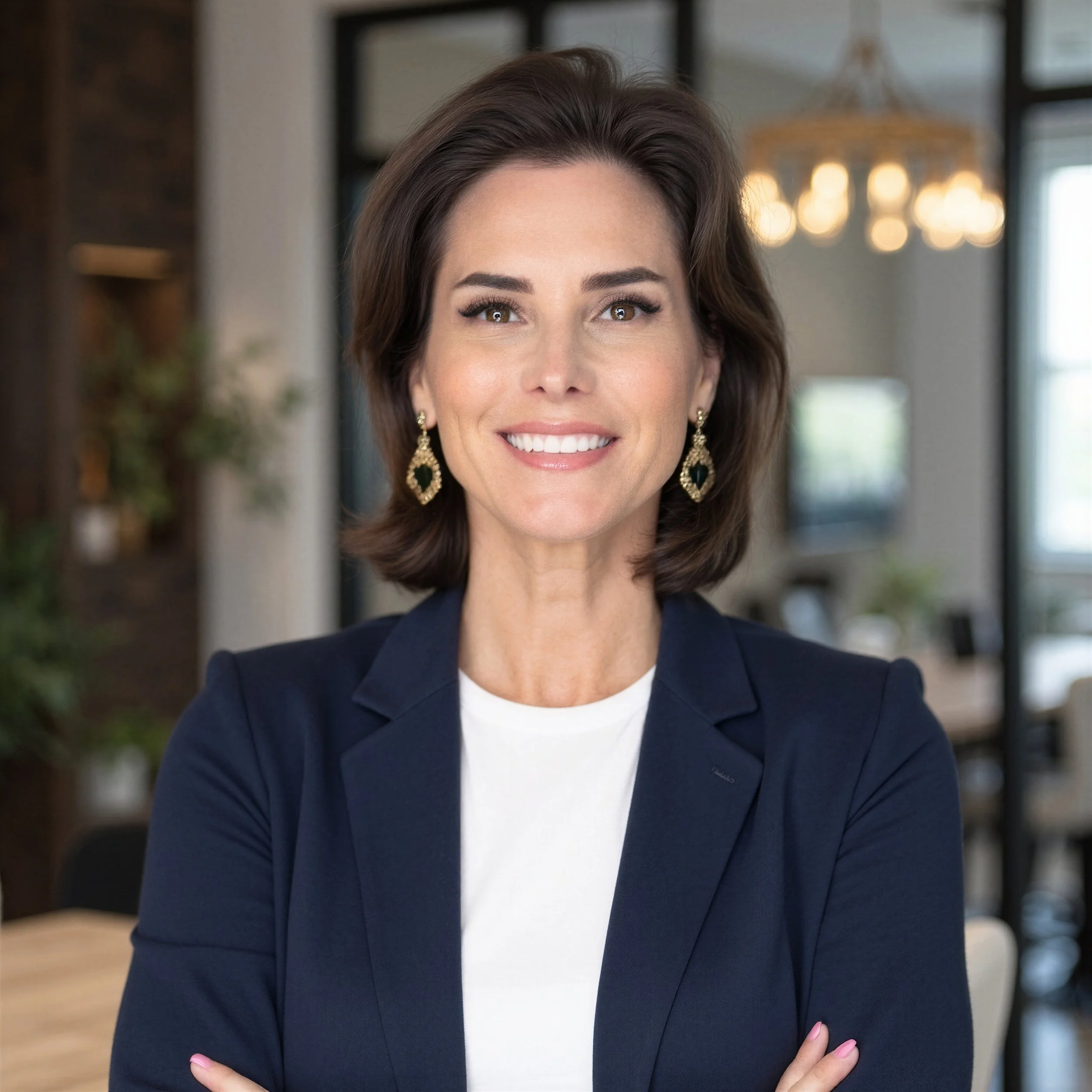 Close-up of a smiling woman with brown hair and brown eyes, wearing gold earrings and a dark blazer, standing indoors in a modern space with bookshelf and chandelier in the background.