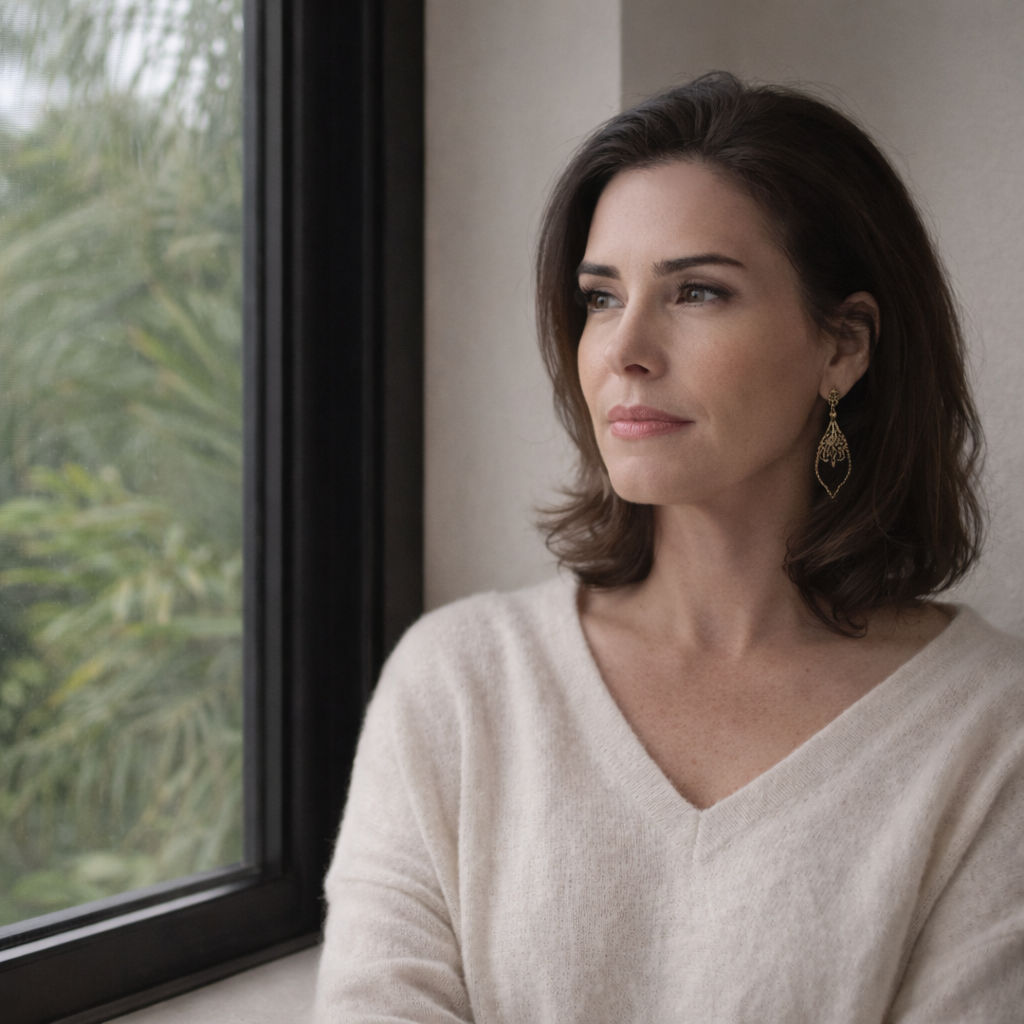 A woman with shoulder-length dark brown hair looks out the window with a thoughtful expression, wearing a light-colored sweater and gold earrings.