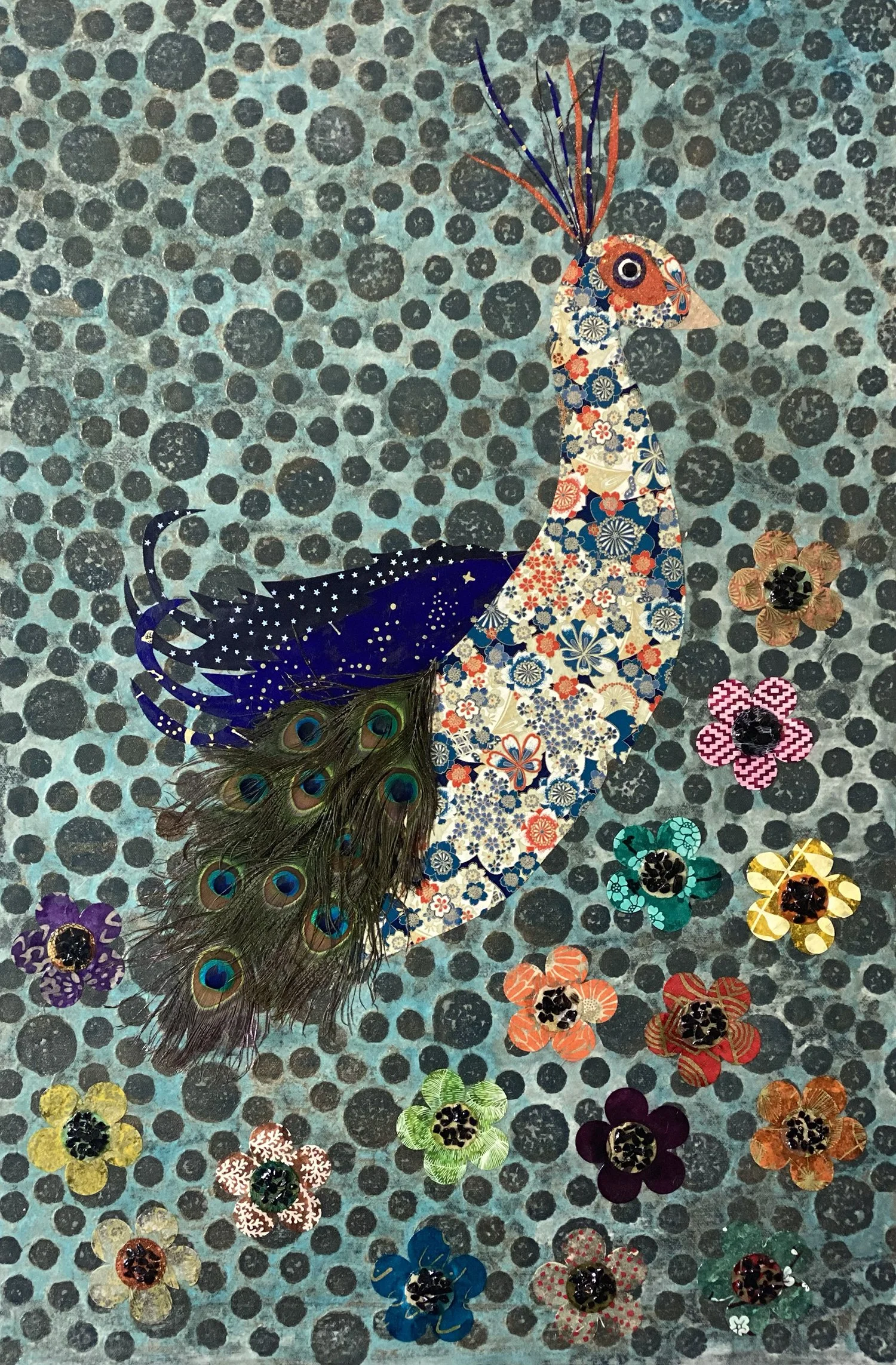 Peacock Mati #1, 24" x 36" x 1.5", mixed media on gallery wrapped canvas, 2022