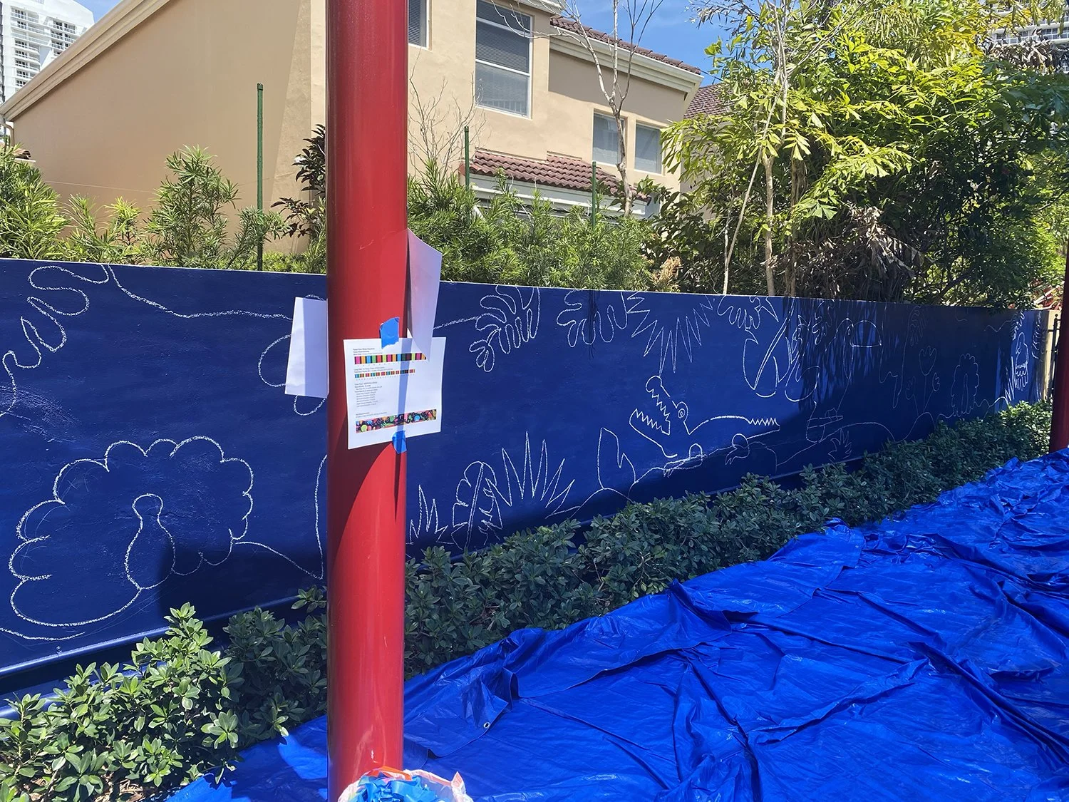 Day 3 progress Shot: Community Playground Mural in Island Way Aventura, FL. Day 1 Progress Shot (40' L x 5' H not including the fence area) 5 days to complete. Spray paint & House paint, Free Hand.