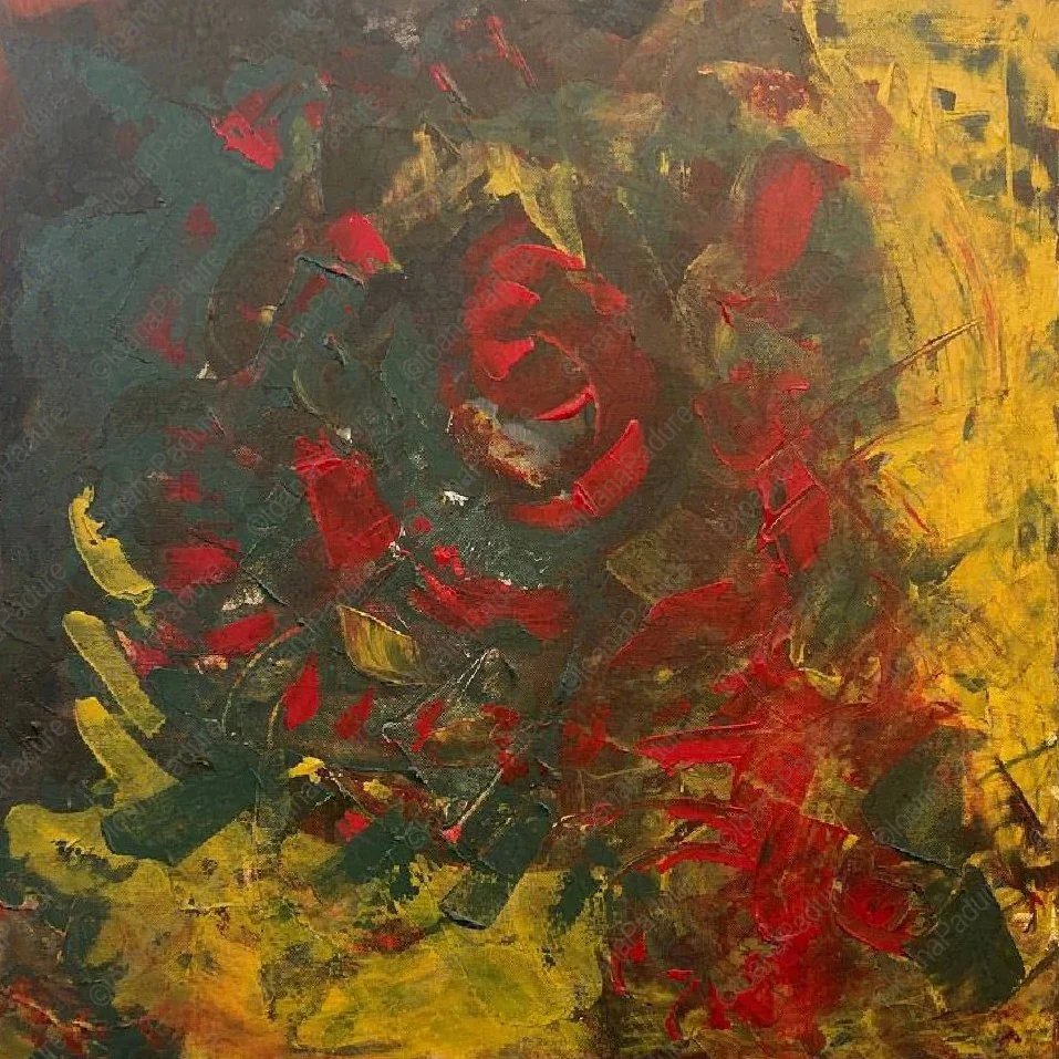 acrylic on canvas, 60x60cm, 2016 - RED series - Red meeting green and yellow 2 (repainted); private collection